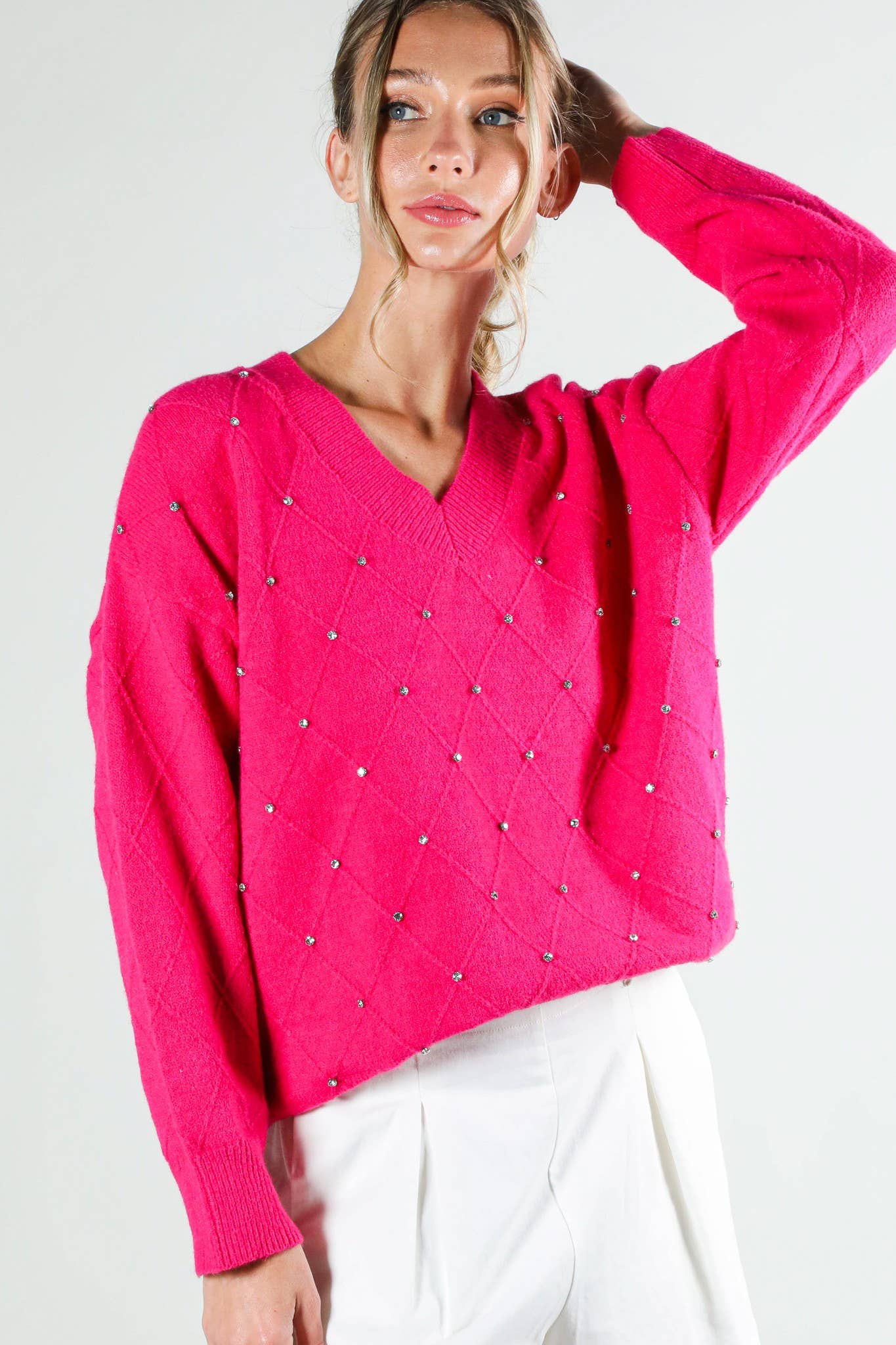 V - Neck Rhinestone Accent Argyle Knitted Sweater Top VT81546 - Mainstream Boutique