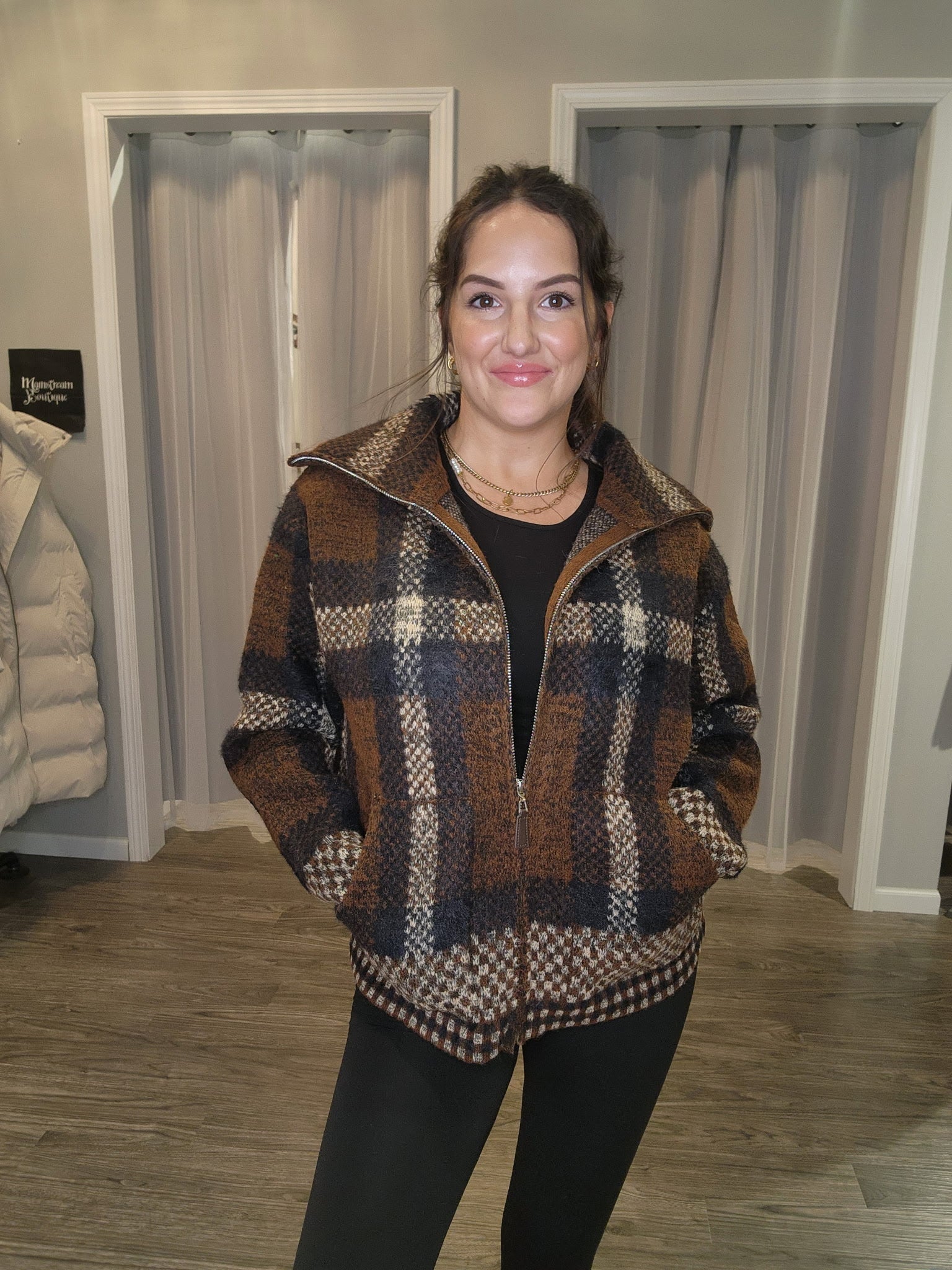 Plaid Zipper Front Wide Collar Fuzzy Knit Sweater Jacket - Mainstream Boutique