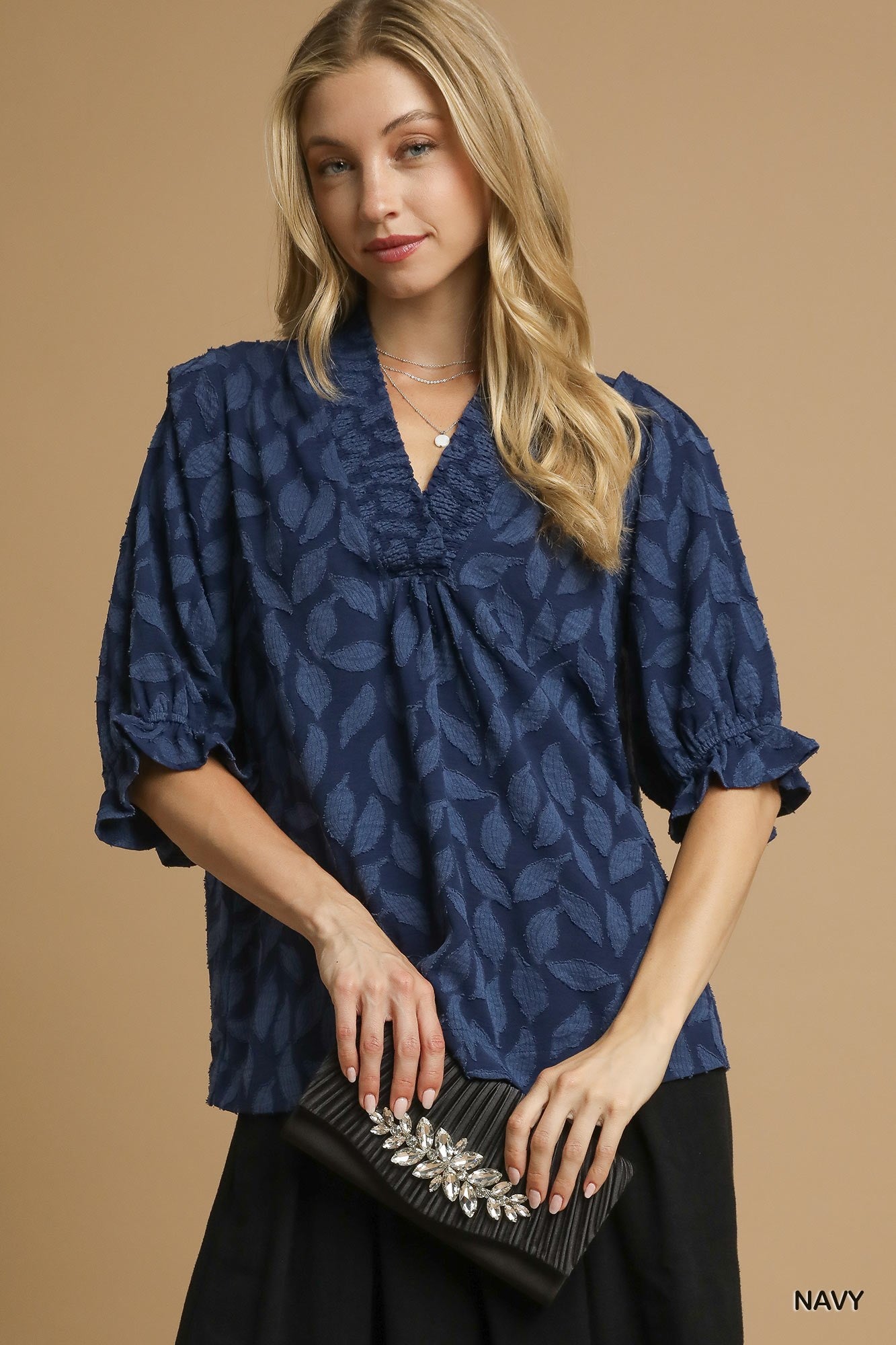 Floral Jacquard V - Neck Top - Mainstream Boutique