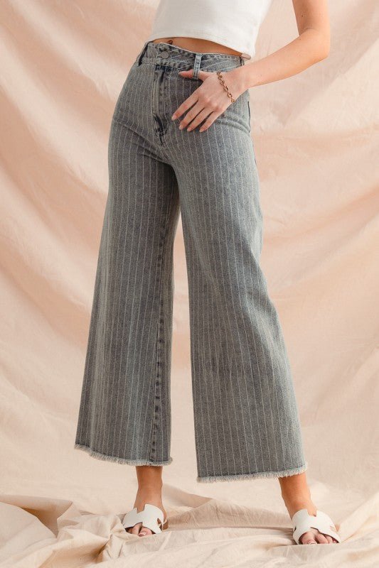 Striped Denim Frayed Hem Pant - Mainstream Boutique