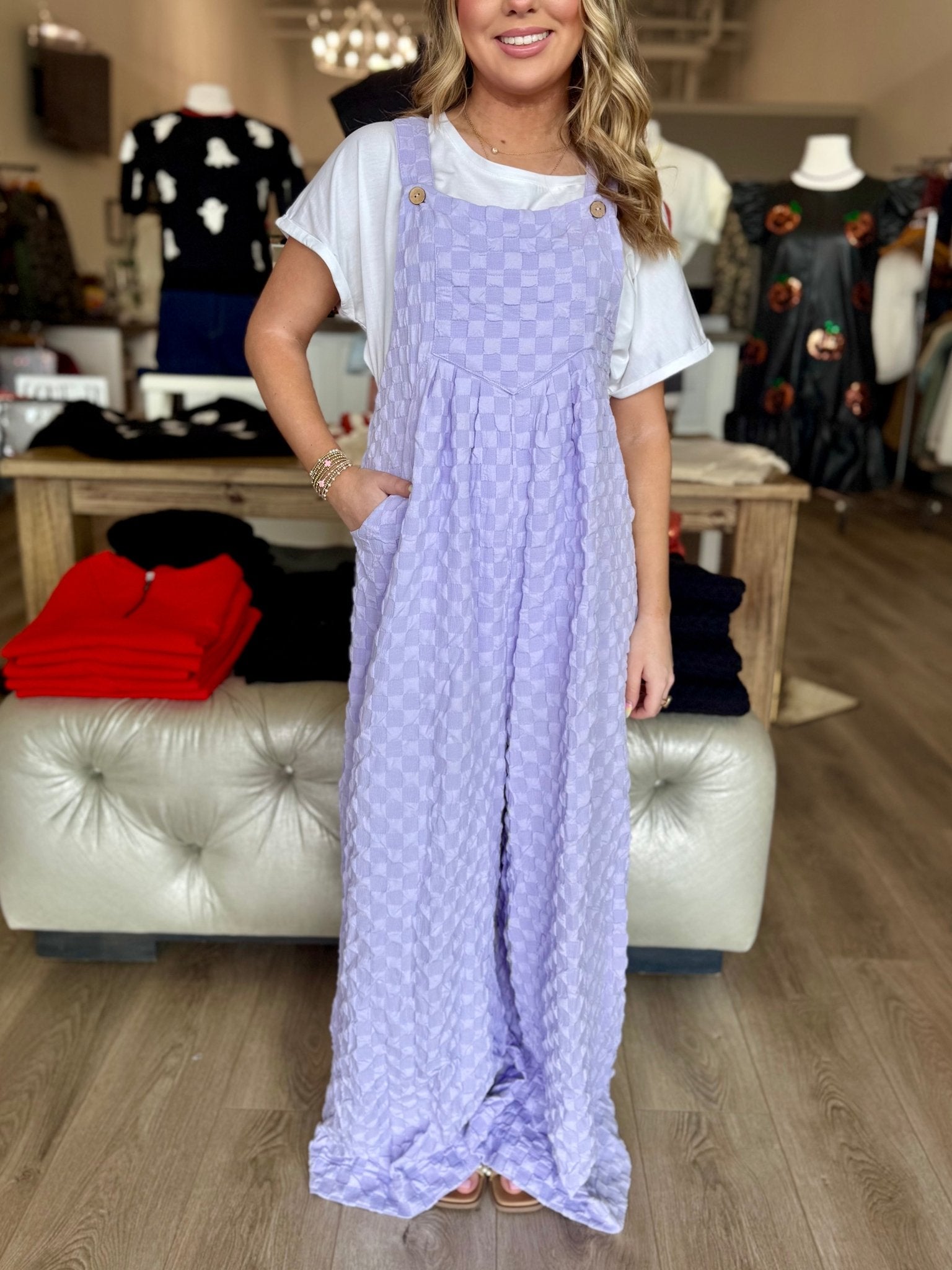 Checker Textured Wide Legs Overalls - Mainstream Boutique