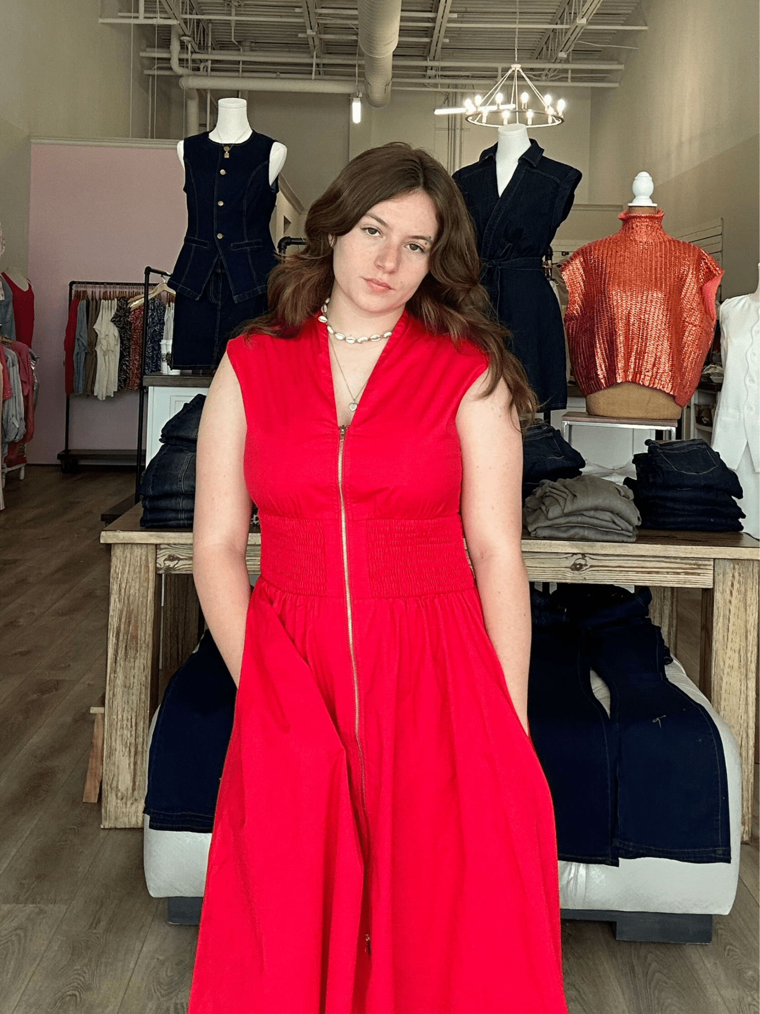 DROP SHOULDER SMOCKED WAIST MIDI DRESS W/FRONT ZIPPER AND POCKETS - Mainstream Boutique