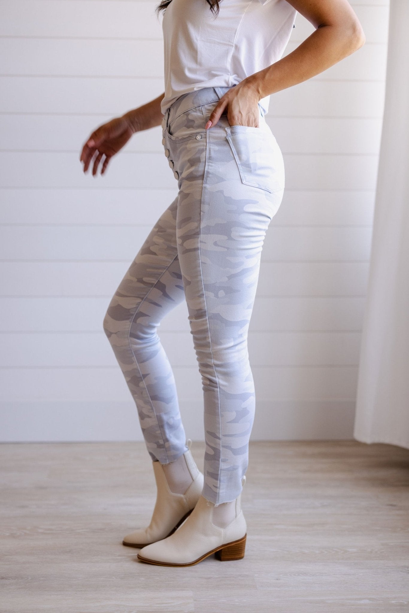 Camo Button Fly High Rise W/ Raw Hem - Mainstream Boutique