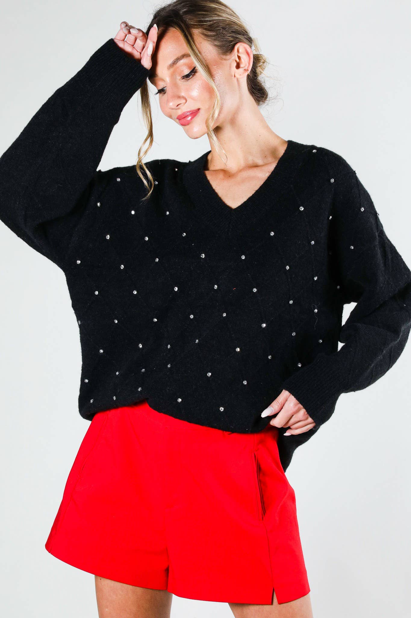 V - Neck Rhinestone Accent Argyle Knitted Sweater Top VT81546 - Mainstream Boutique