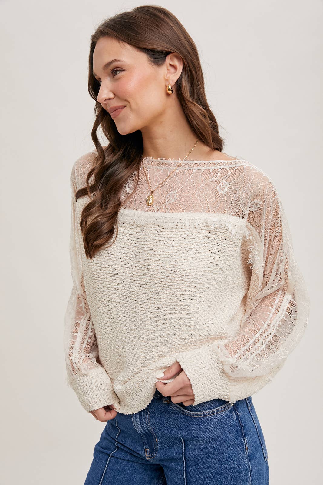 BOAT NECK LACE TRIMMED KNIT SWEATER PULLOVER - Mainstream Boutique