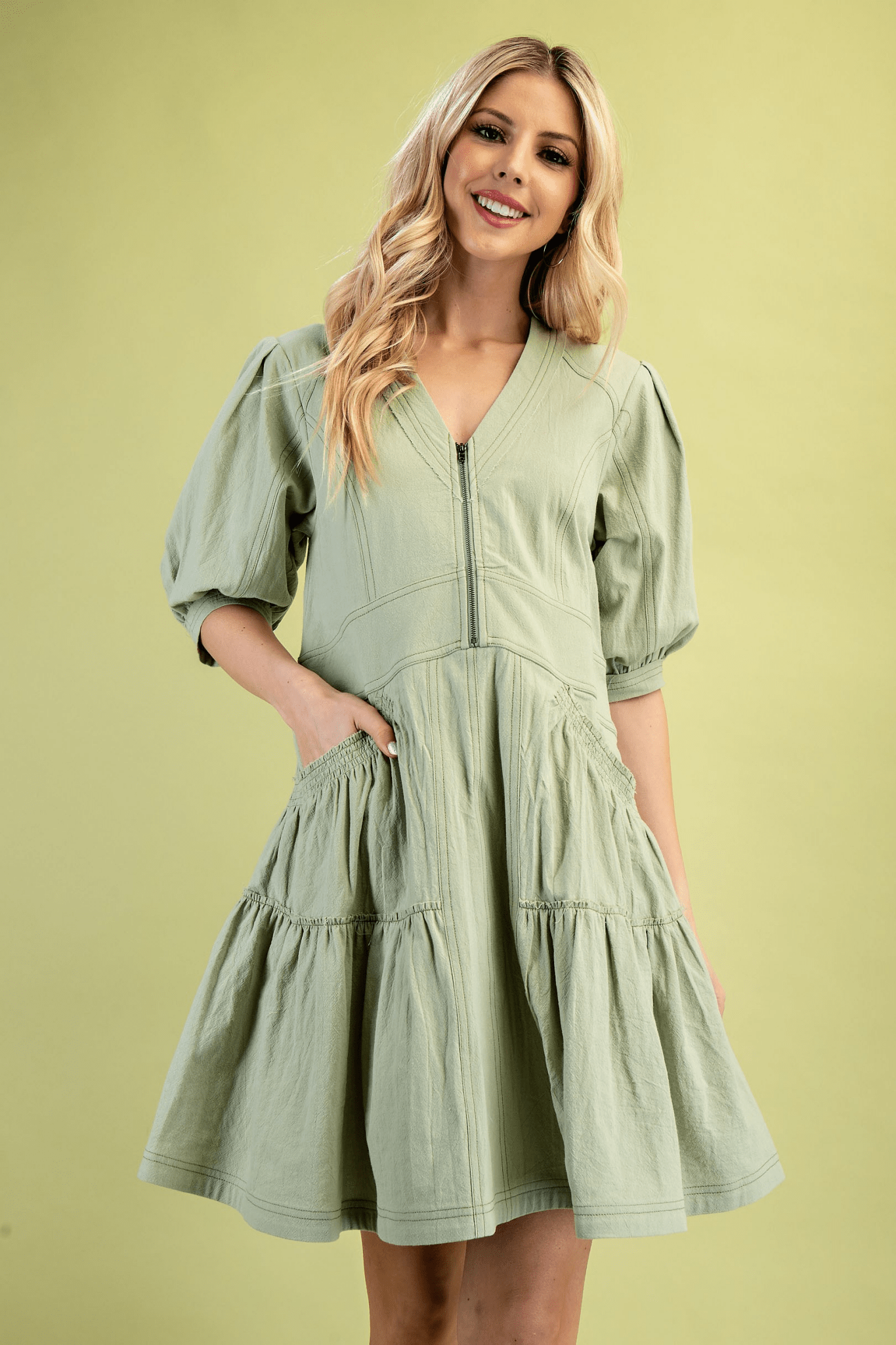 Front Zip V - Neck Dress - Mainstream Boutique
