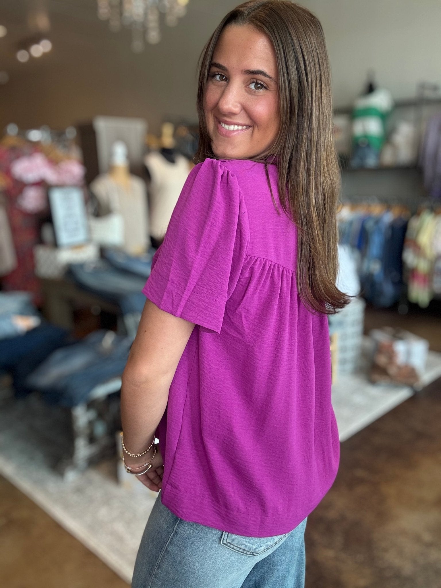 Half Sleeve Pintuck Woven Top - Mainstream Boutique