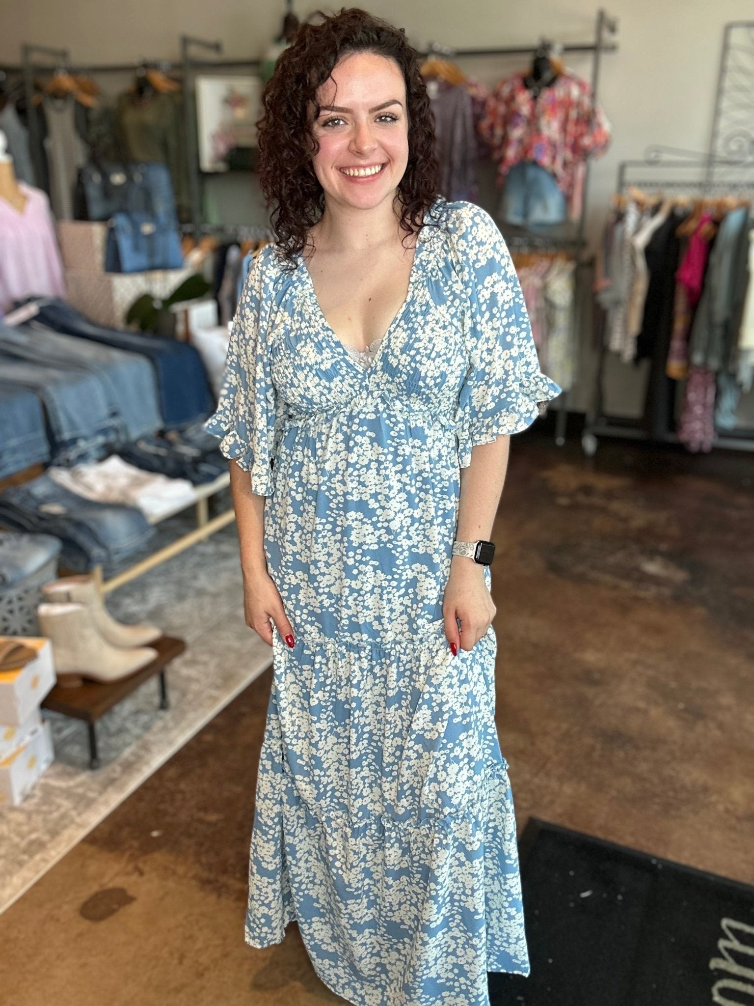 Flutter Sleeve Print V - Neck Maxi Dress - Mainstream Boutique