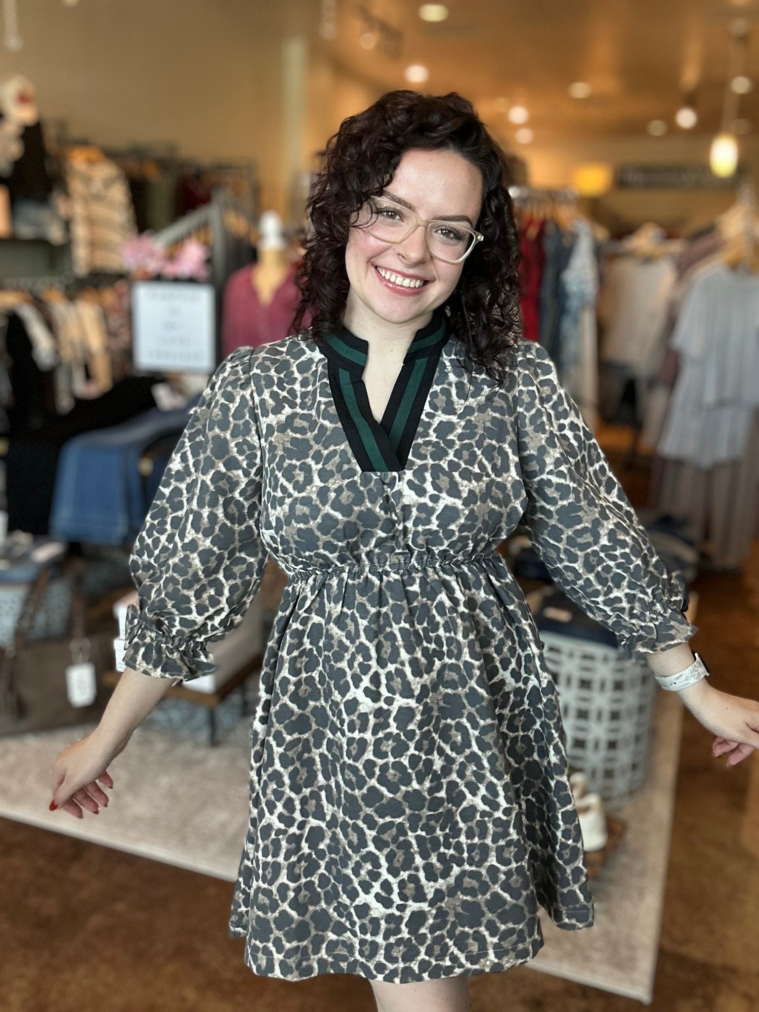 Contrast Collar Animal Print Dress - Mainstream Boutique
