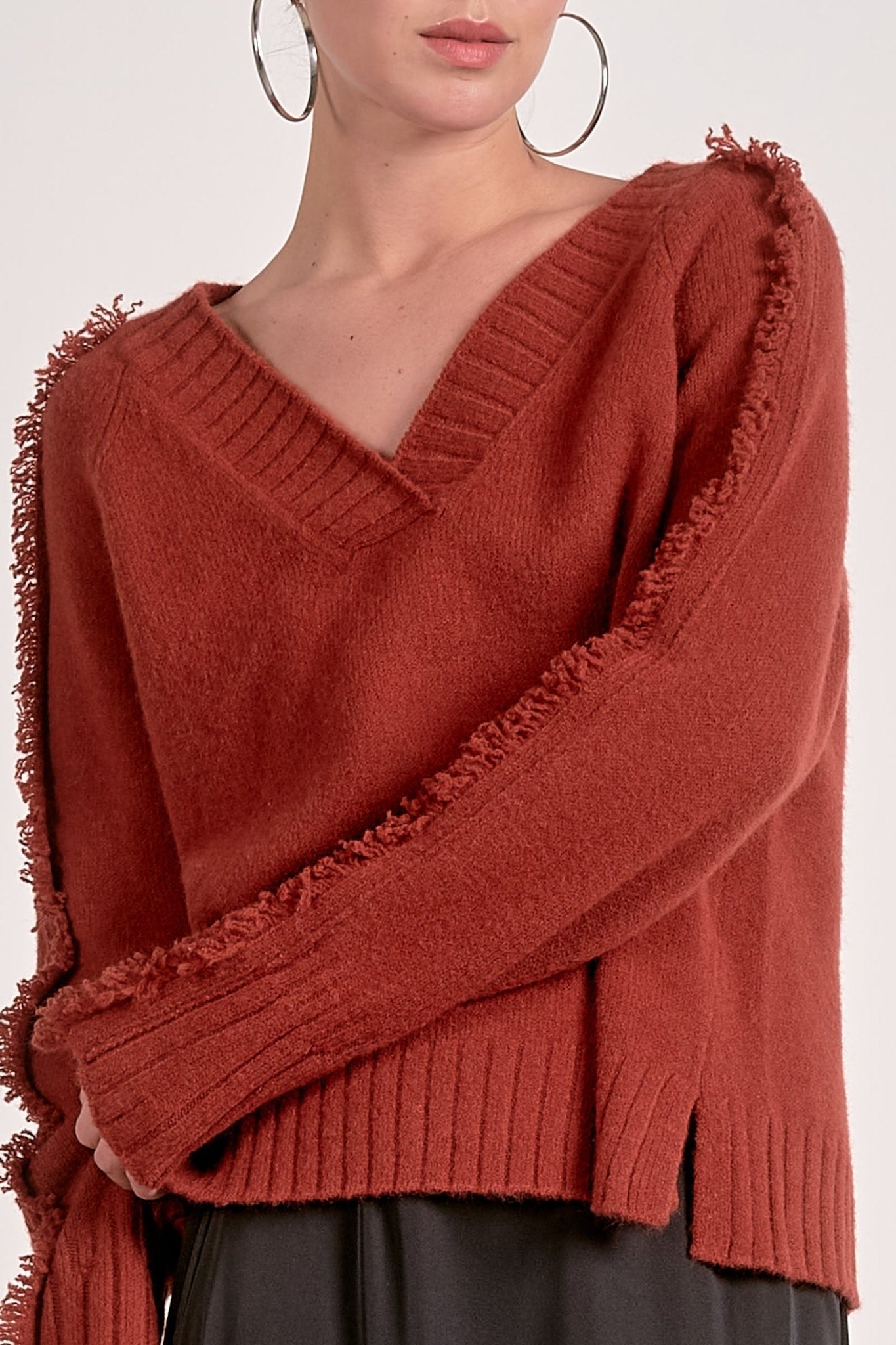 Sweater With V Neck Fray - Mainstream Boutique