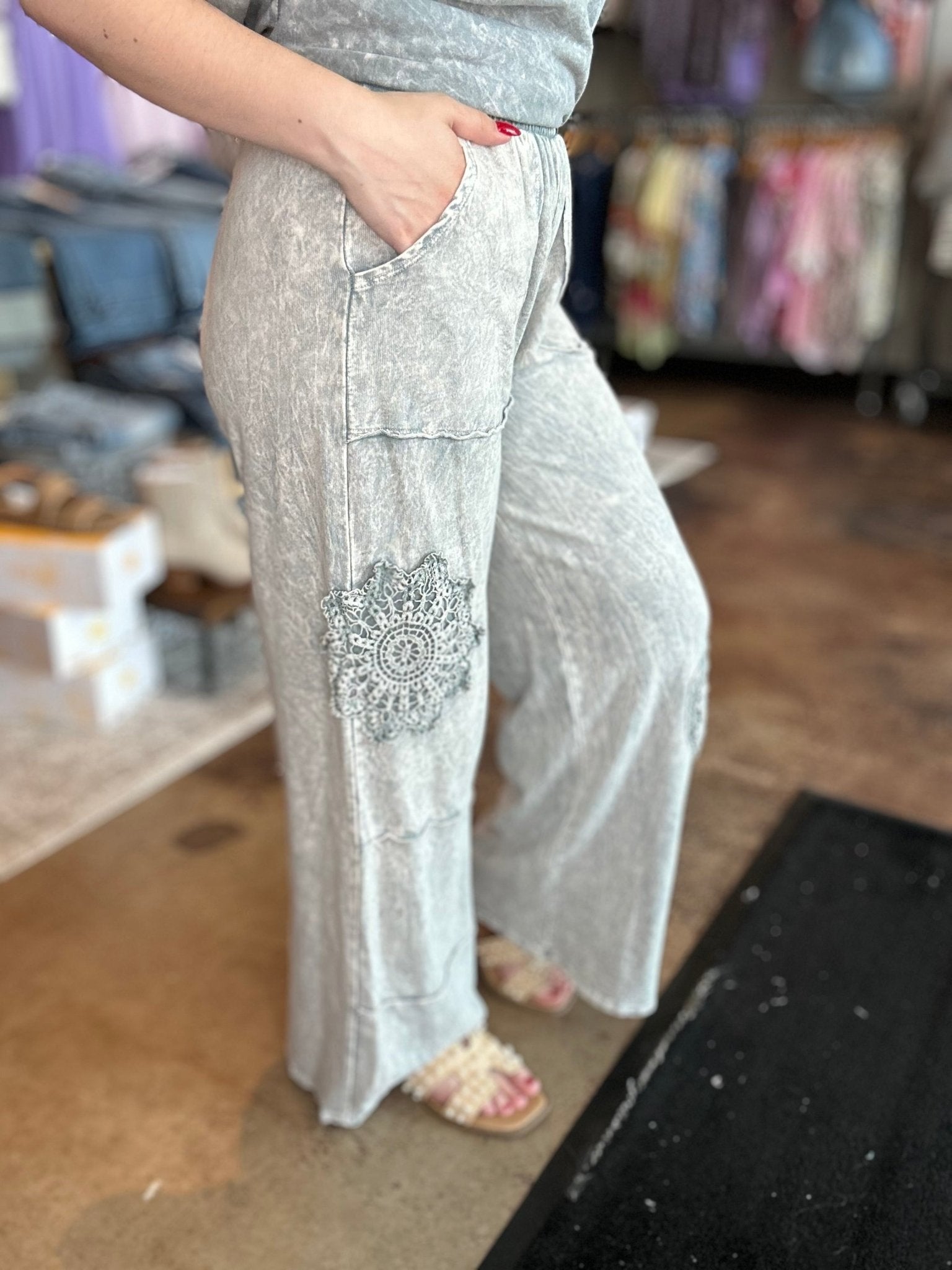 Mineral Washed Doily Detail Wide Leg Pants - Mainstream Boutique