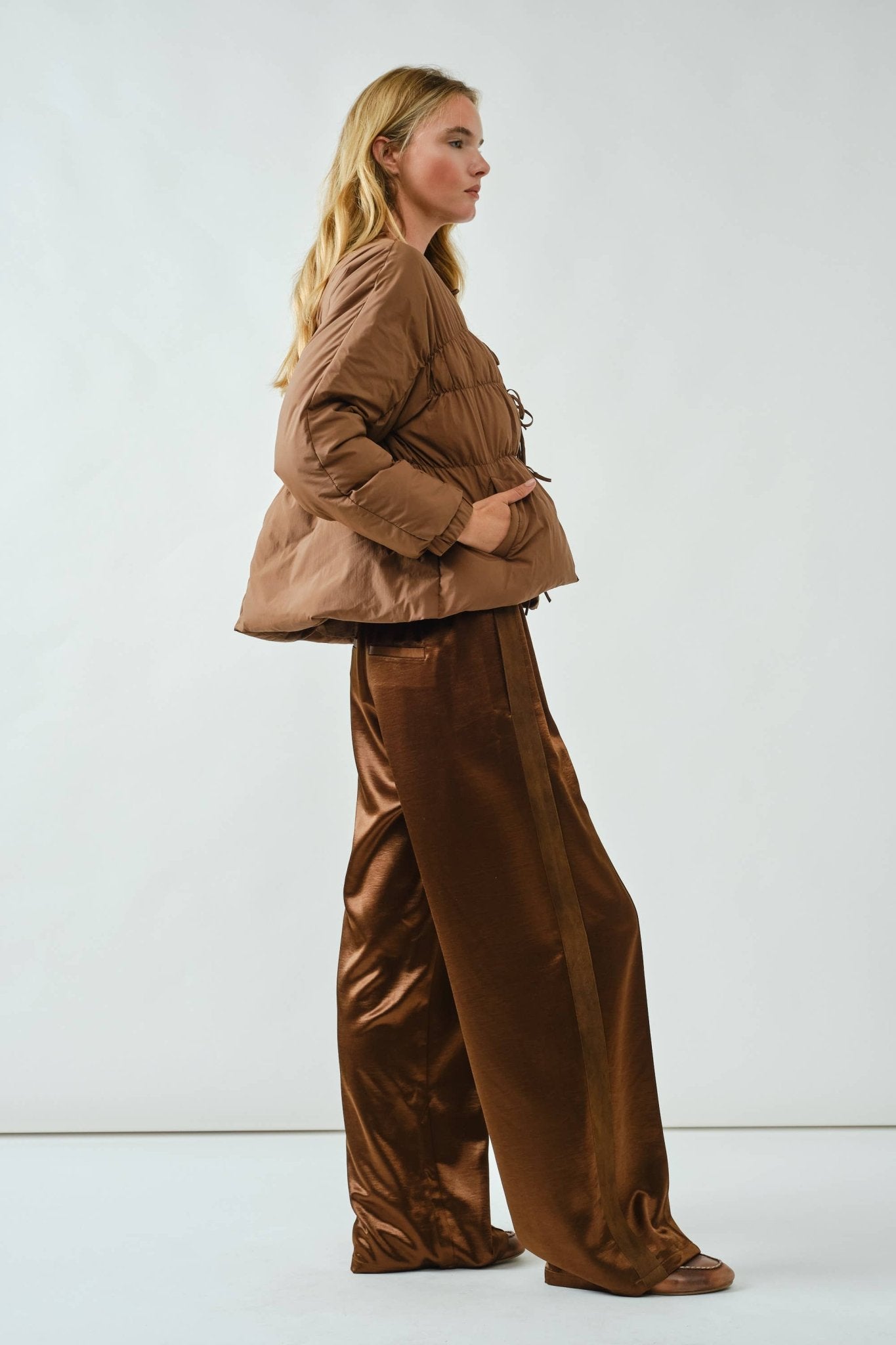 Babydoll Ribbon Padded Jacket - Brown - Mainstream Boutique