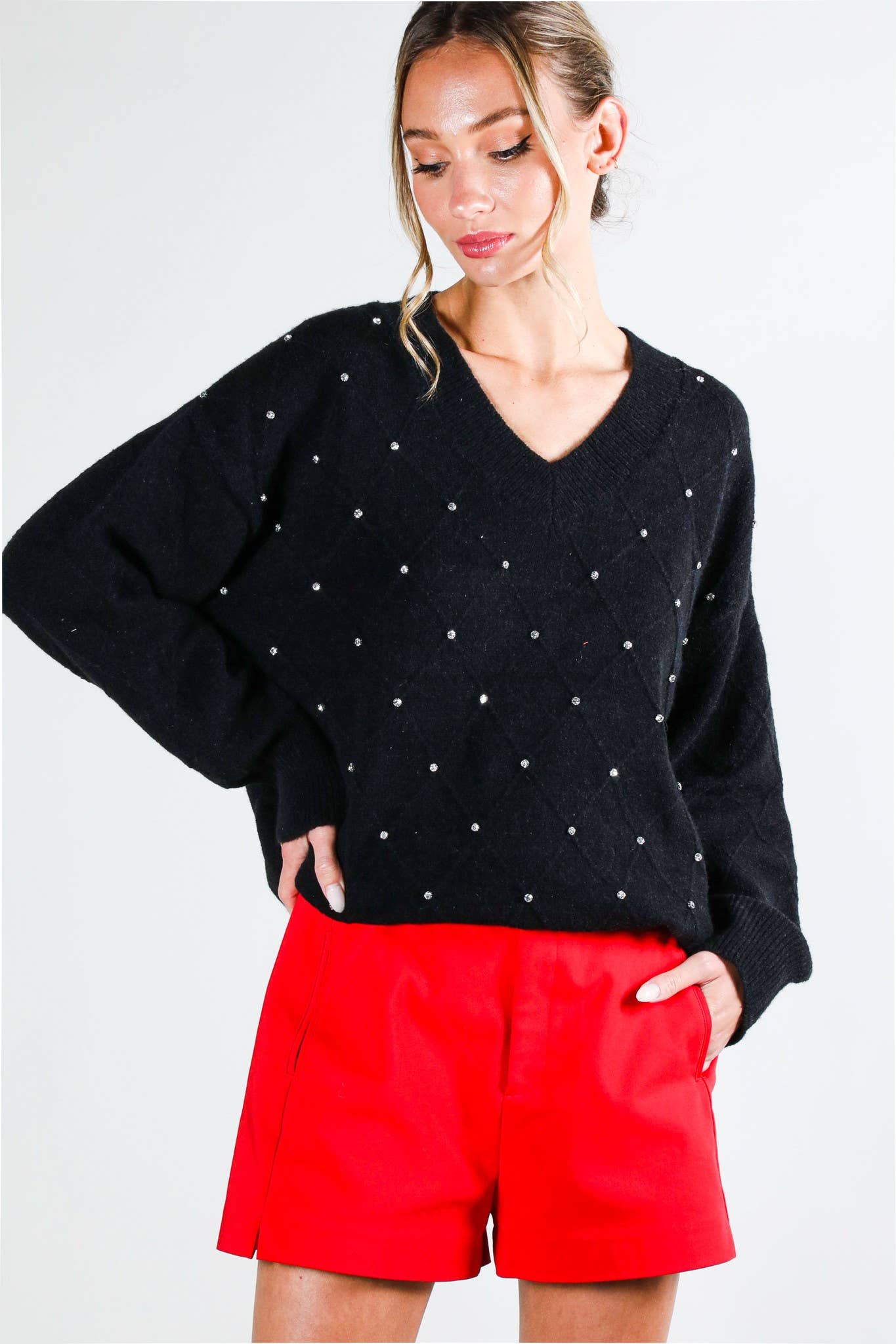 V - Neck Rhinestone Accent Argyle Knitted Sweater Top VT81546 - Mainstream Boutique