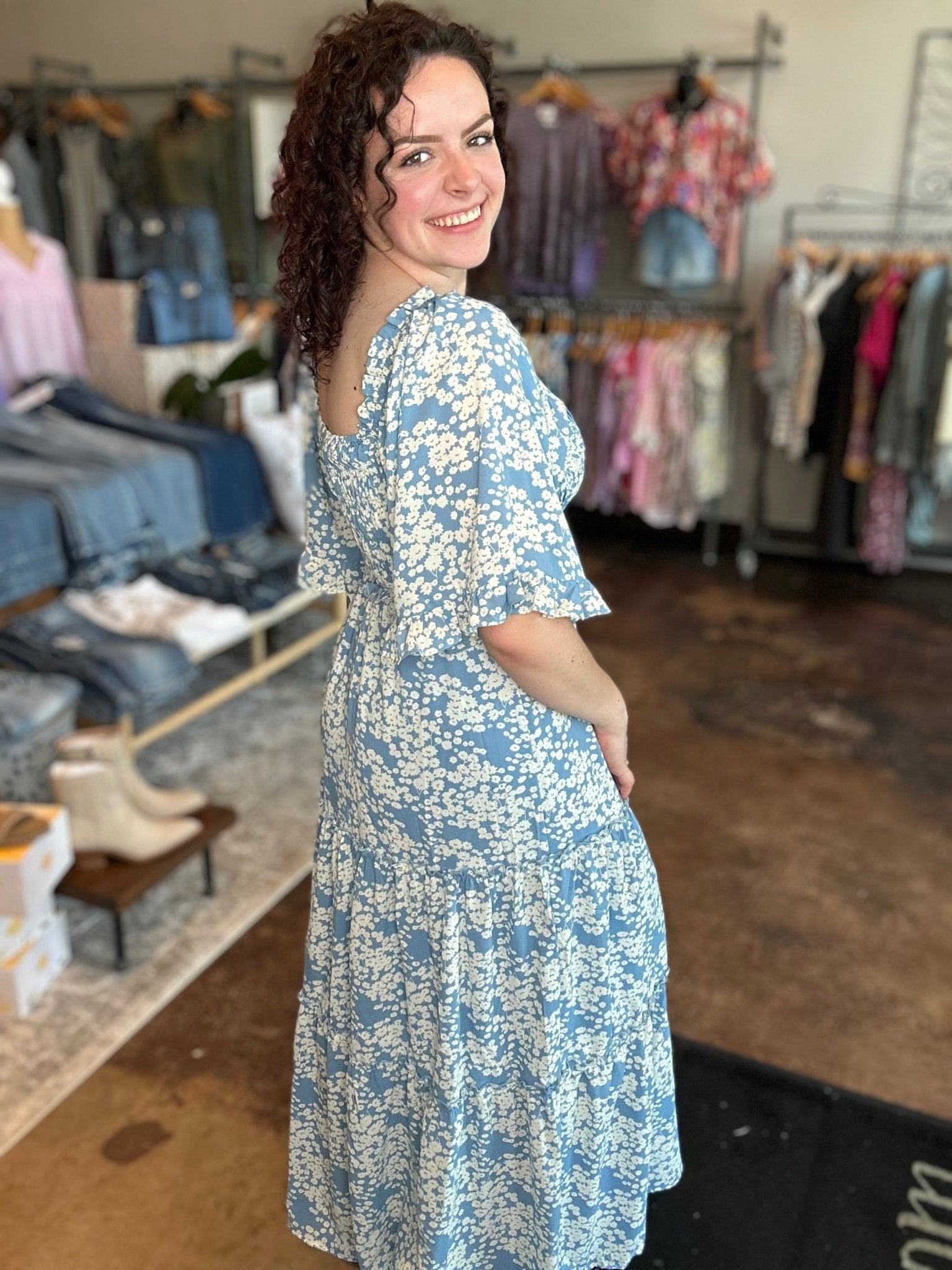 Flutter Sleeve Print V - Neck Maxi Dress - Mainstream Boutique