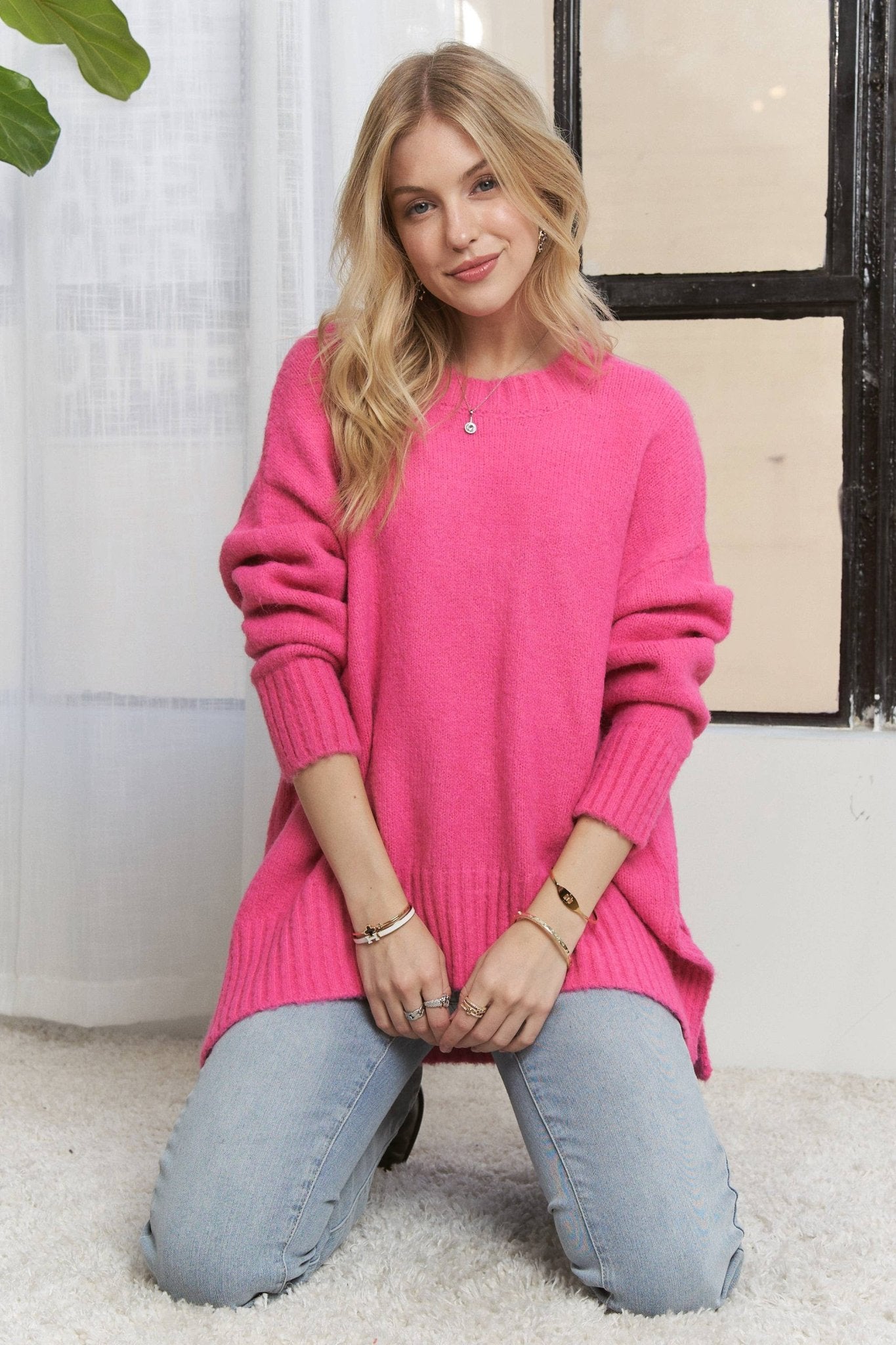 Adora LA Side Slit Soft Sweater - Hot Pink - Mainstream Boutique