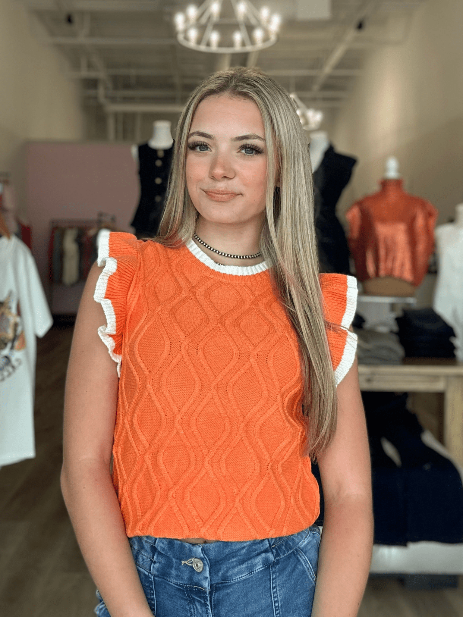 GAME DAY RUFFLE SLEEVE CABLE SWEATER TOP W/CONTRAST EDGE - Mainstream Boutique