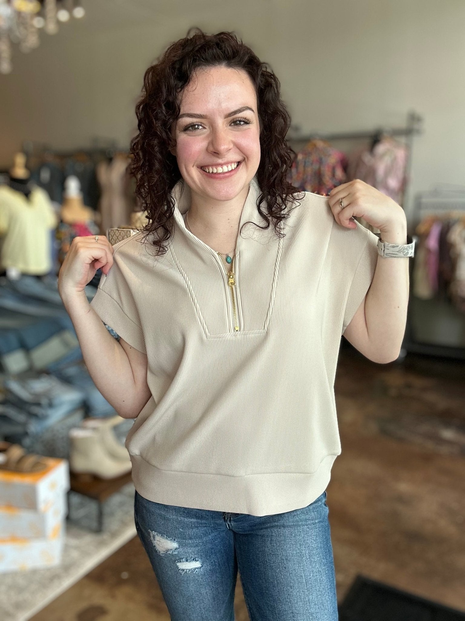 Ribbed Half Zip Top - Mainstream Boutique