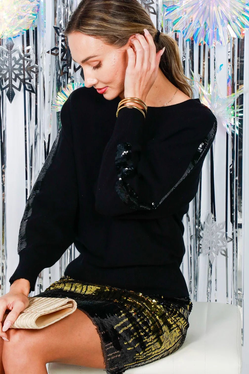 Sequin Detail Crew Neck Dolman Knitted Sweater - Mainstream Boutique