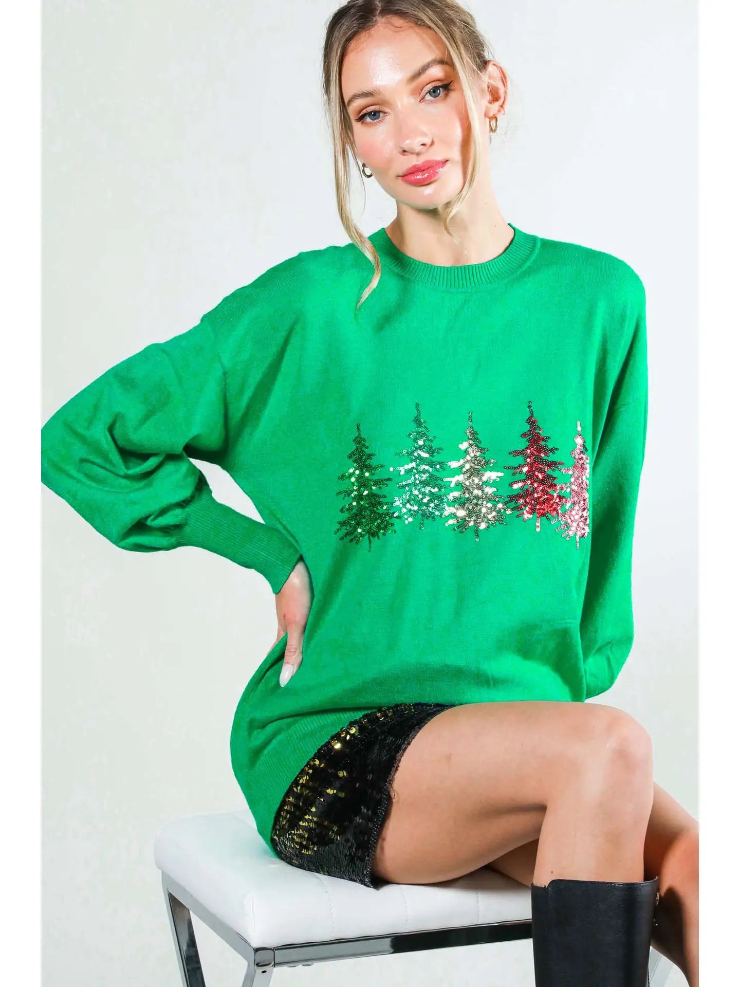 Christmas Tree Sequin Accent Knitted Sweater - Mainstream Boutique