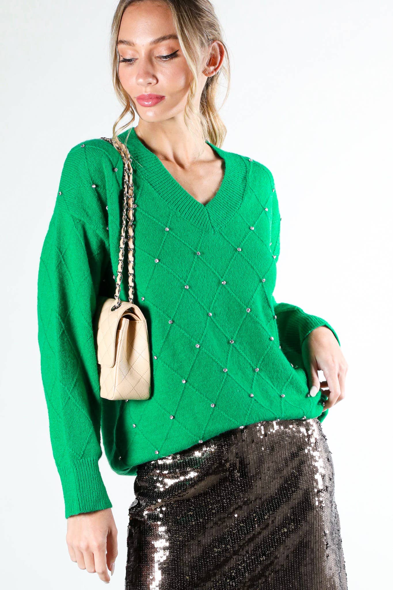 V - Neck Rhinestone Accent Argyle Knitted Sweater Top VT81546 - Mainstream Boutique