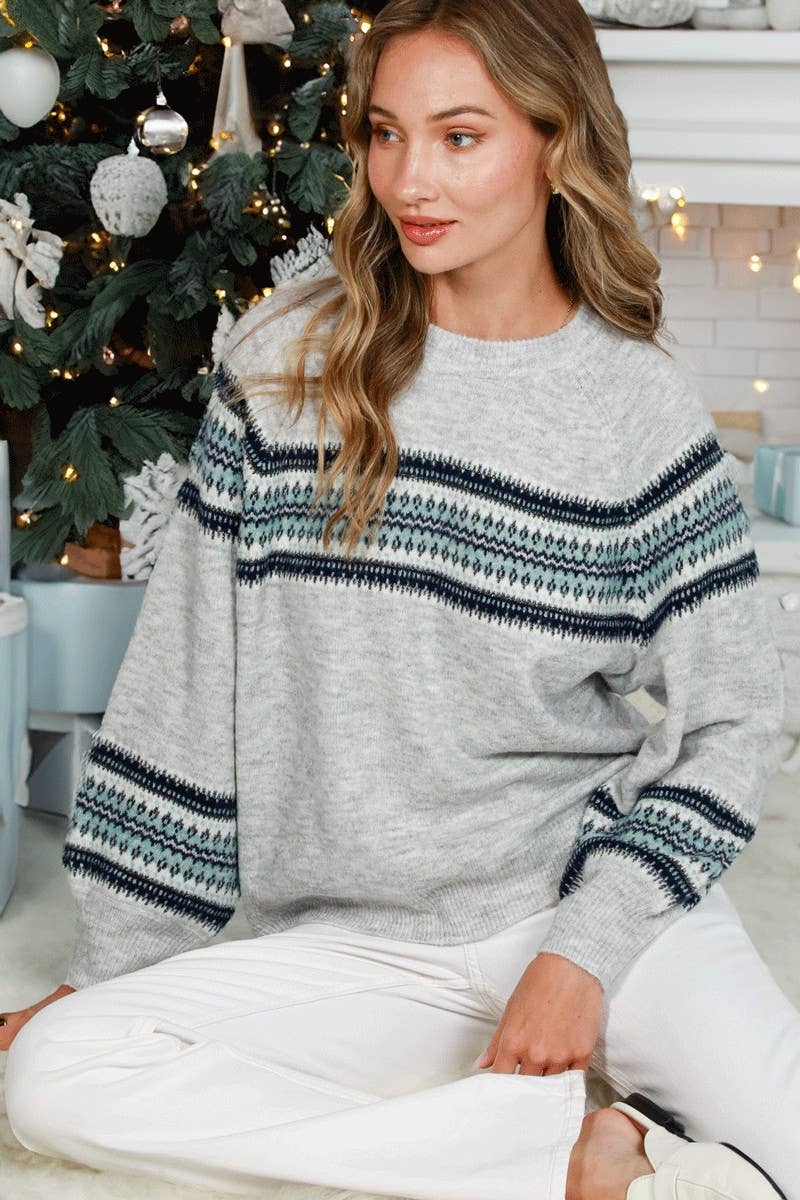 Crew Neck Balloon Sleeve Geo Pattern Printed Sweater - Mainstream Boutique