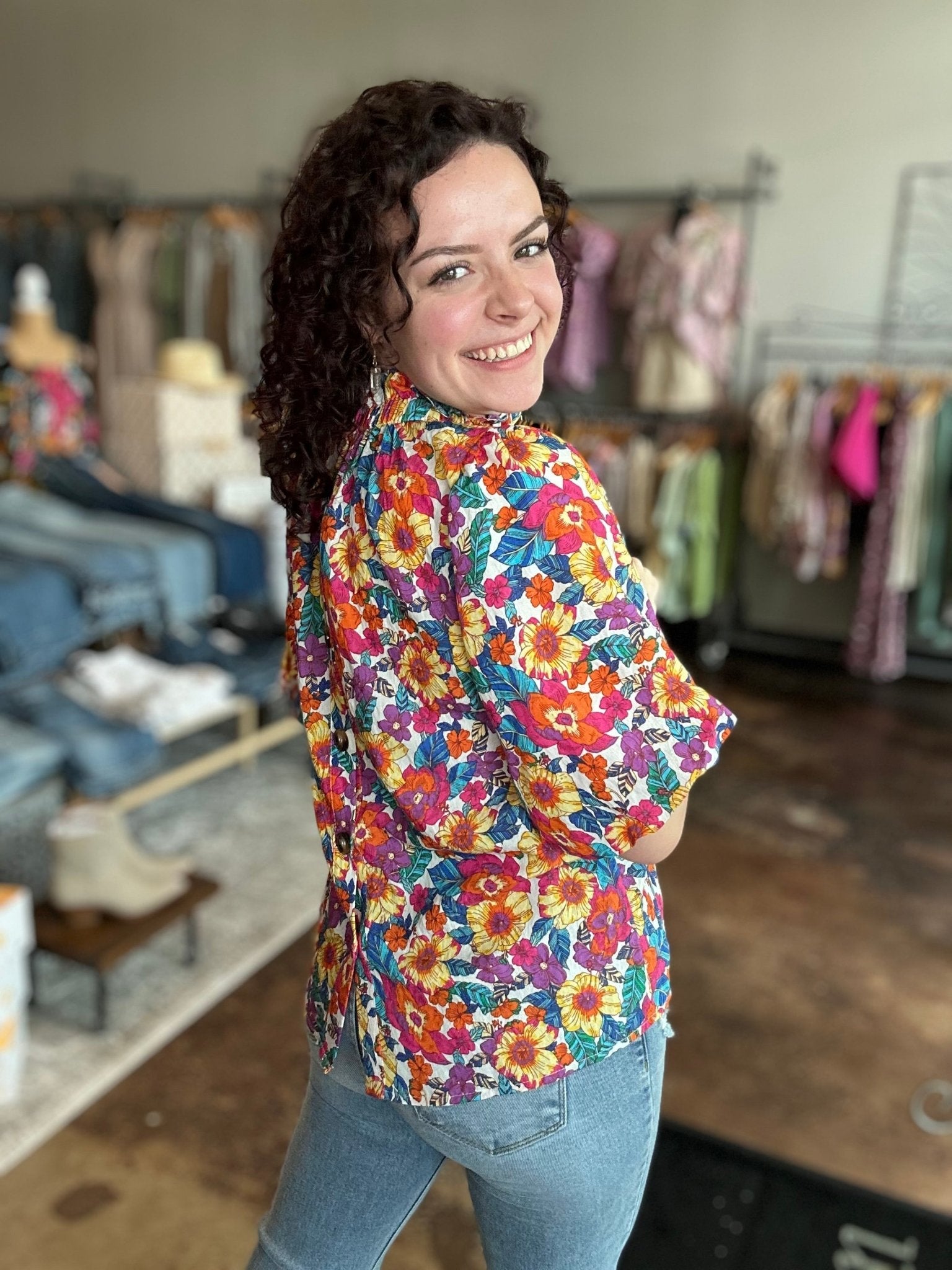 Puff Sleeve Floral Top With Button - Up Back - Mainstream Boutique
