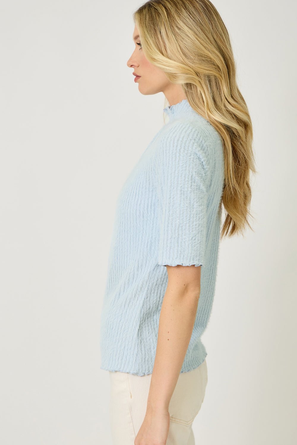 Fuzzy Lettuce Edge Detail Fitted Mock Neck Top - Mainstream Boutique