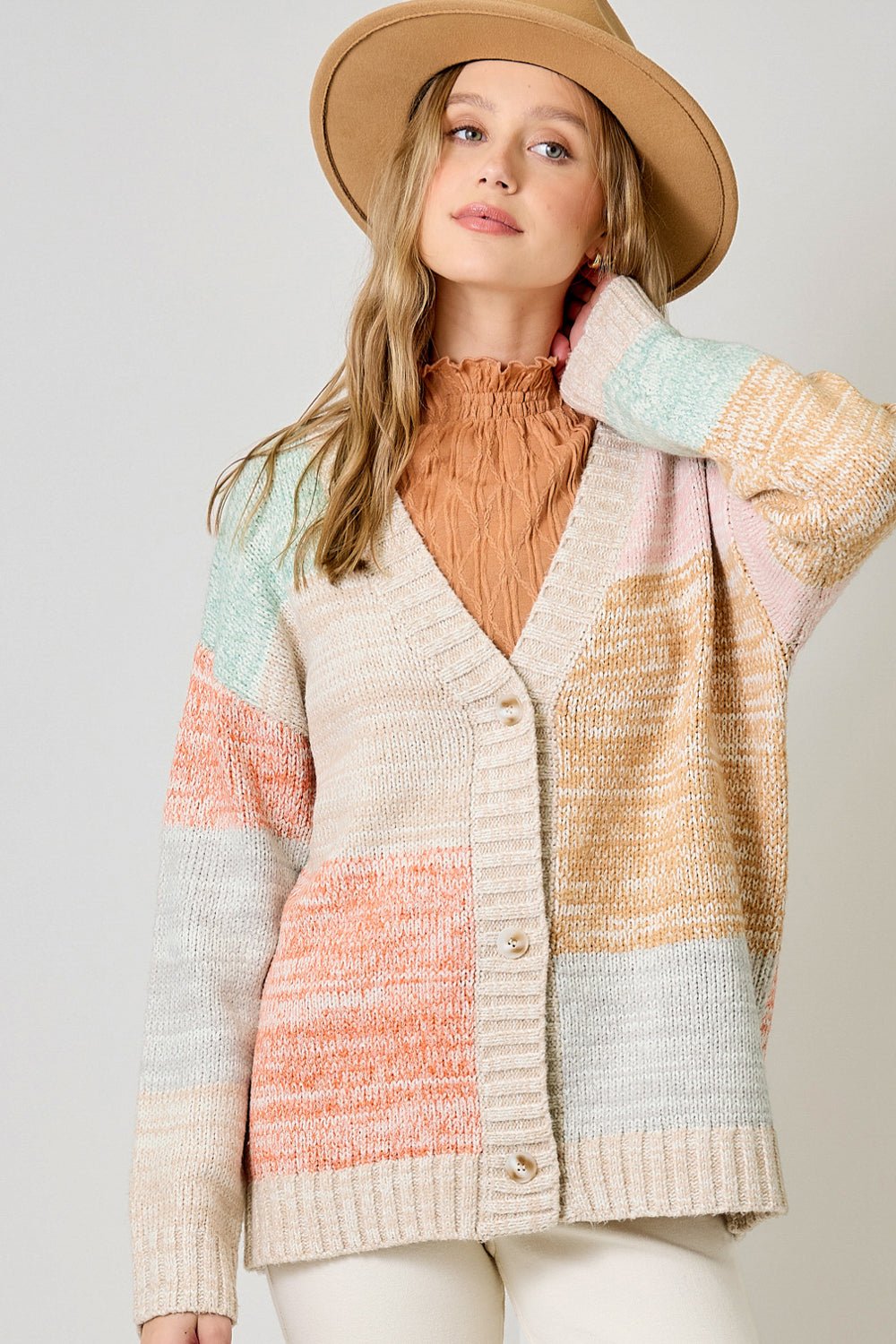 Color Block V Neck Sweater Cardigan - Mainstream Boutique