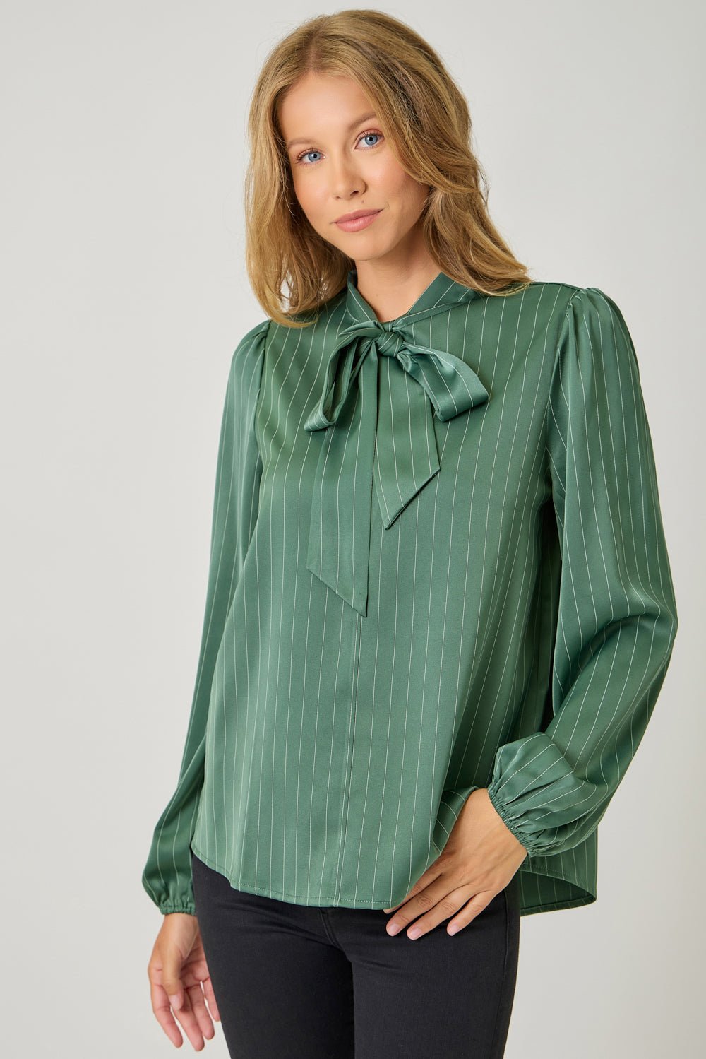 Striped Tie Neck Blouse With Balloon Sleeves - Mainstream Boutique