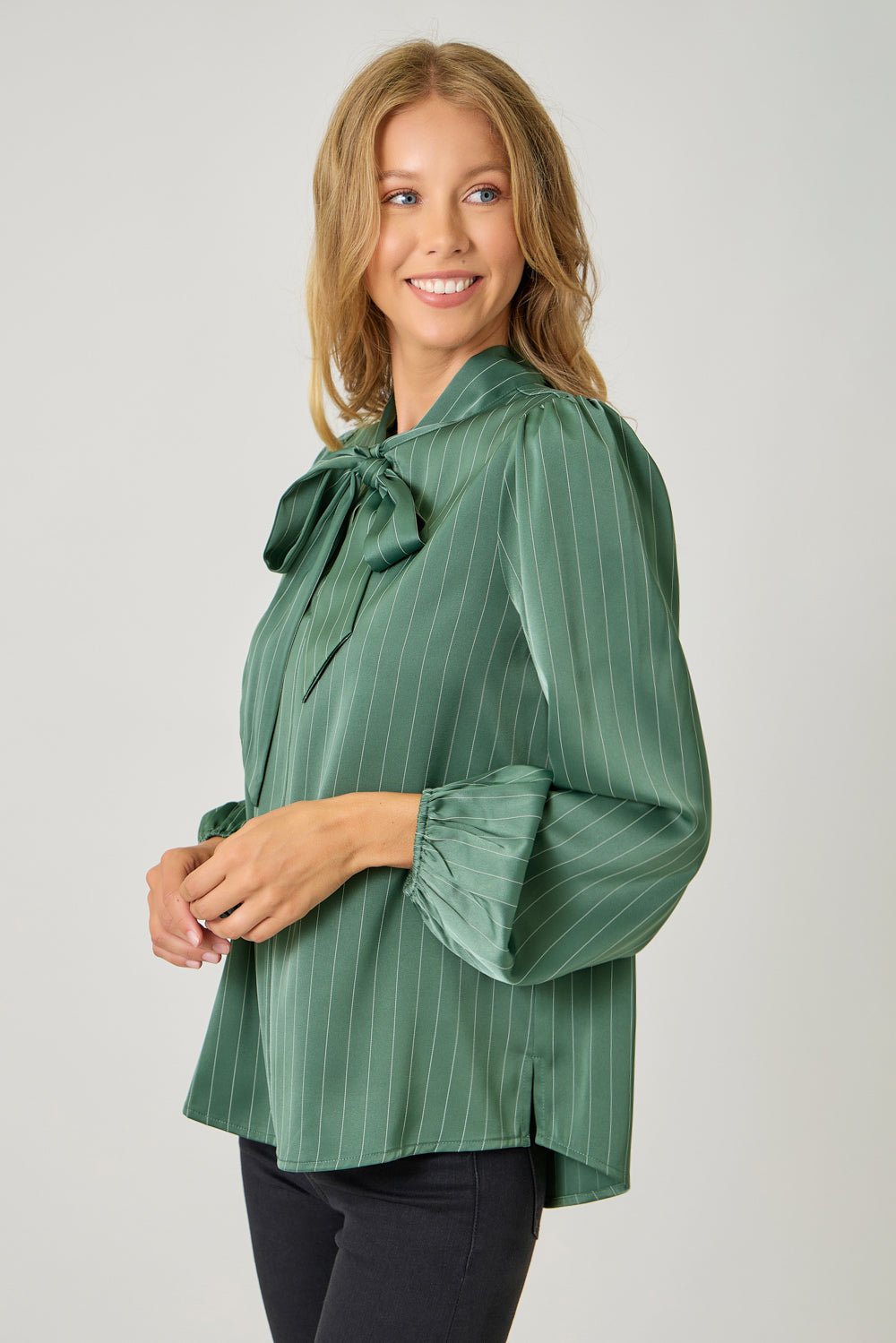 Striped Tie Neck Blouse With Balloon Sleeves - Mainstream Boutique