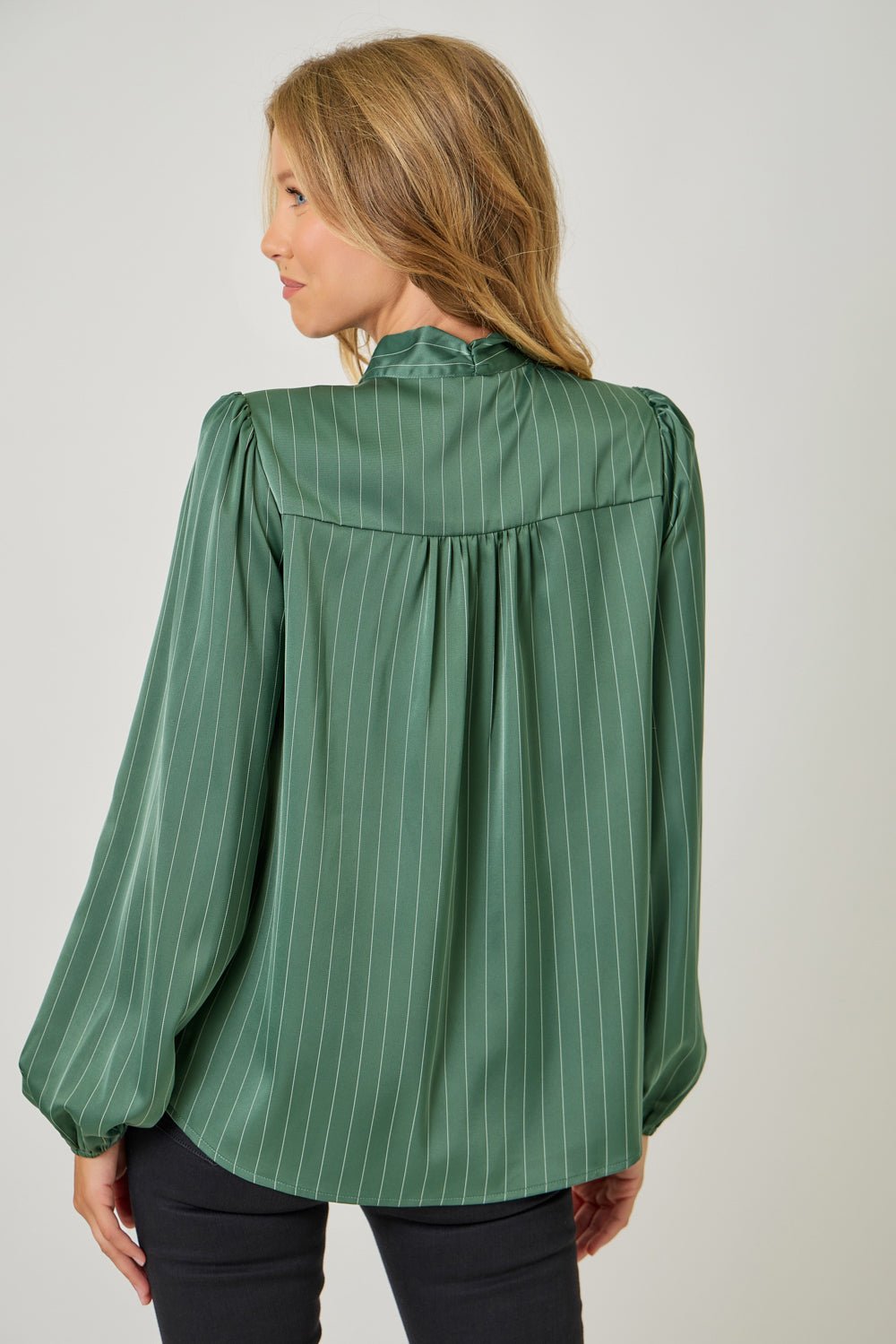 Striped Tie Neck Blouse With Balloon Sleeves - Mainstream Boutique