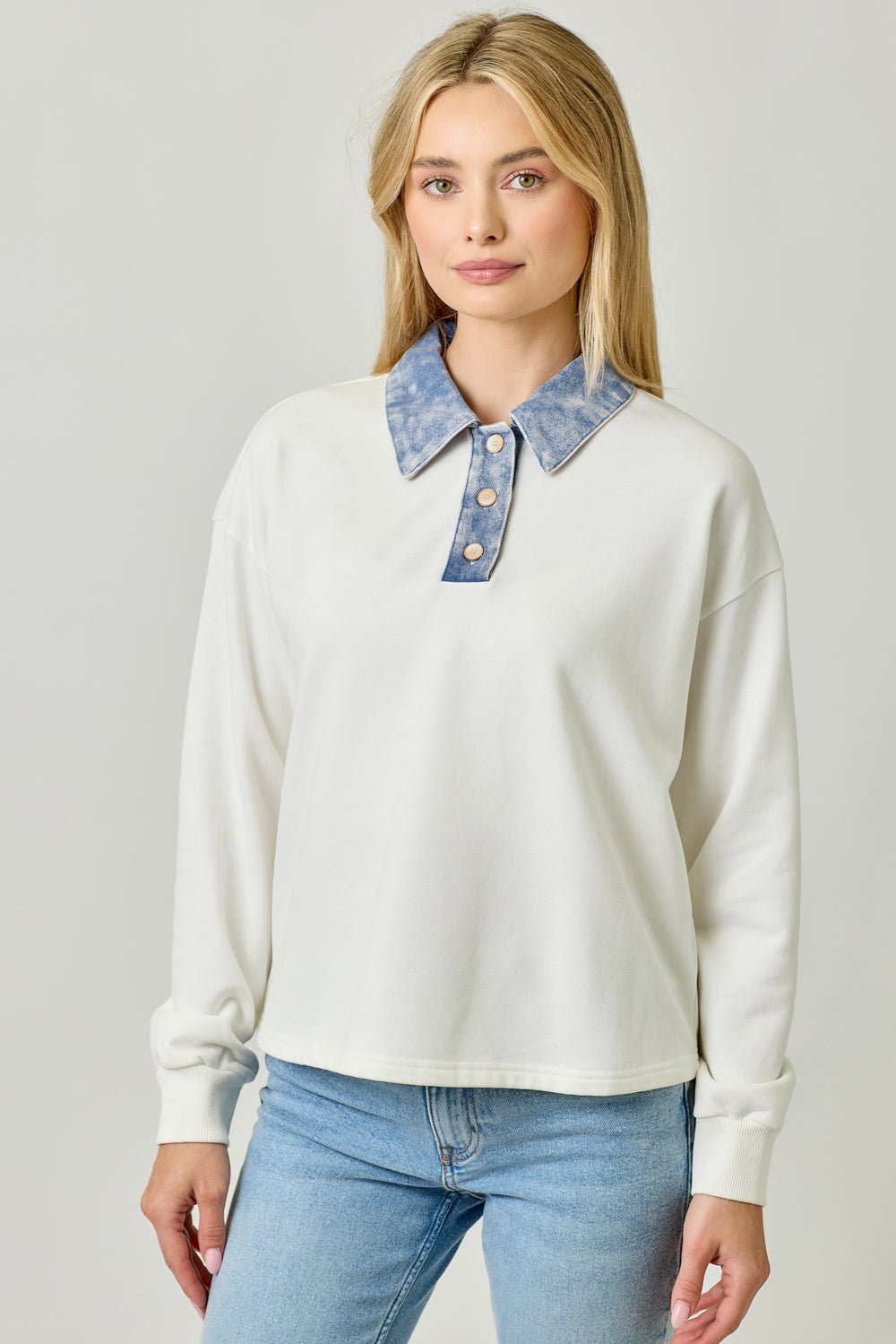 Denim Collar Washed Polo Sweatshirt - Mainstream Boutique