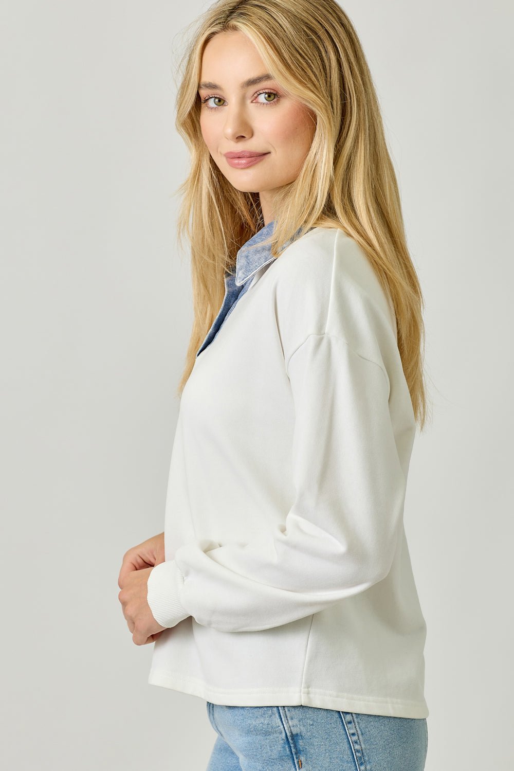 Denim Collar Washed Polo Sweatshirt - Mainstream Boutique