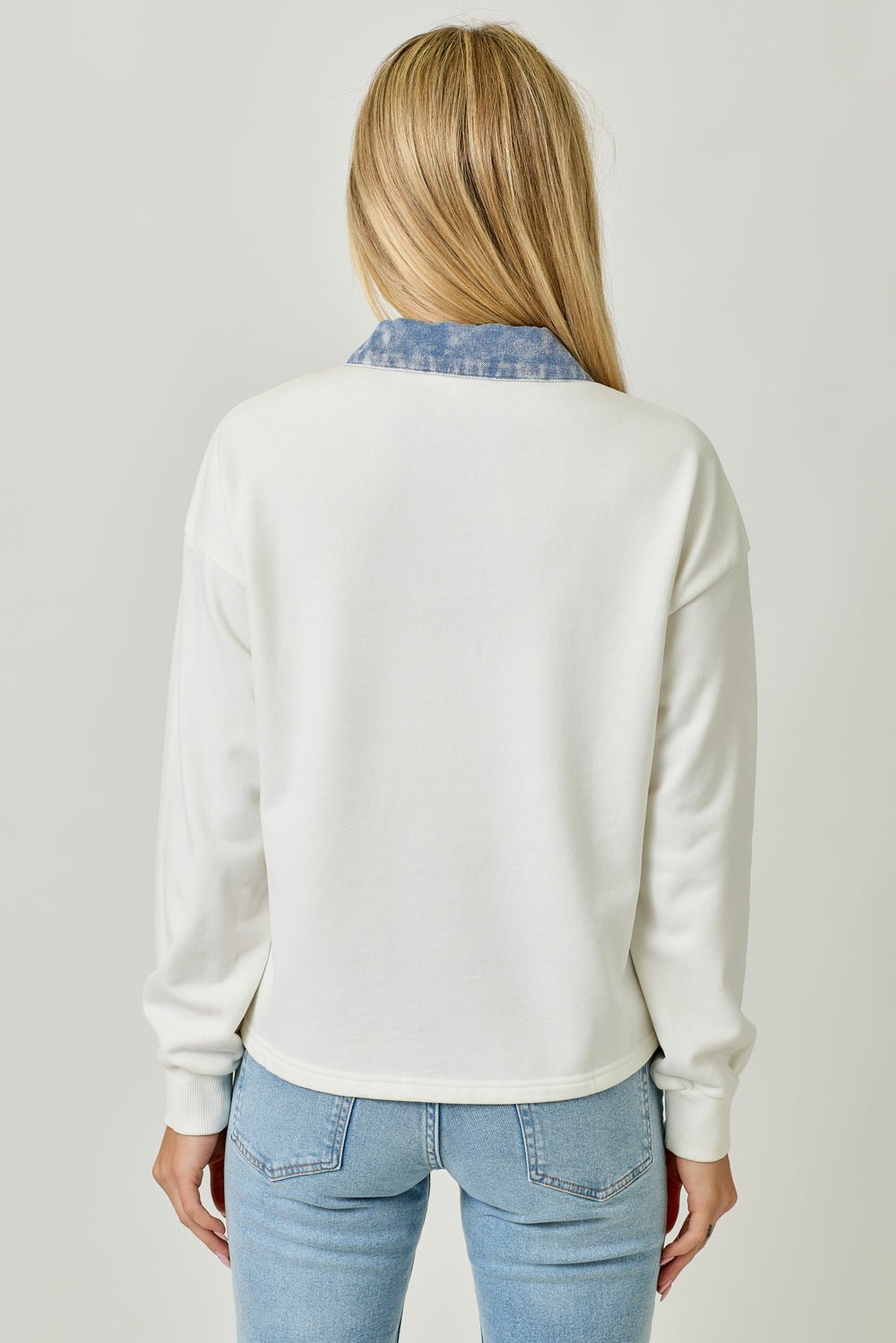 Denim Collar Washed Polo Sweatshirt - Mainstream Boutique