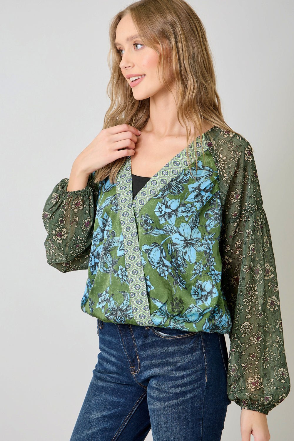 Mixed Print Wrapped V Neck Blouse - Mainstream Boutique