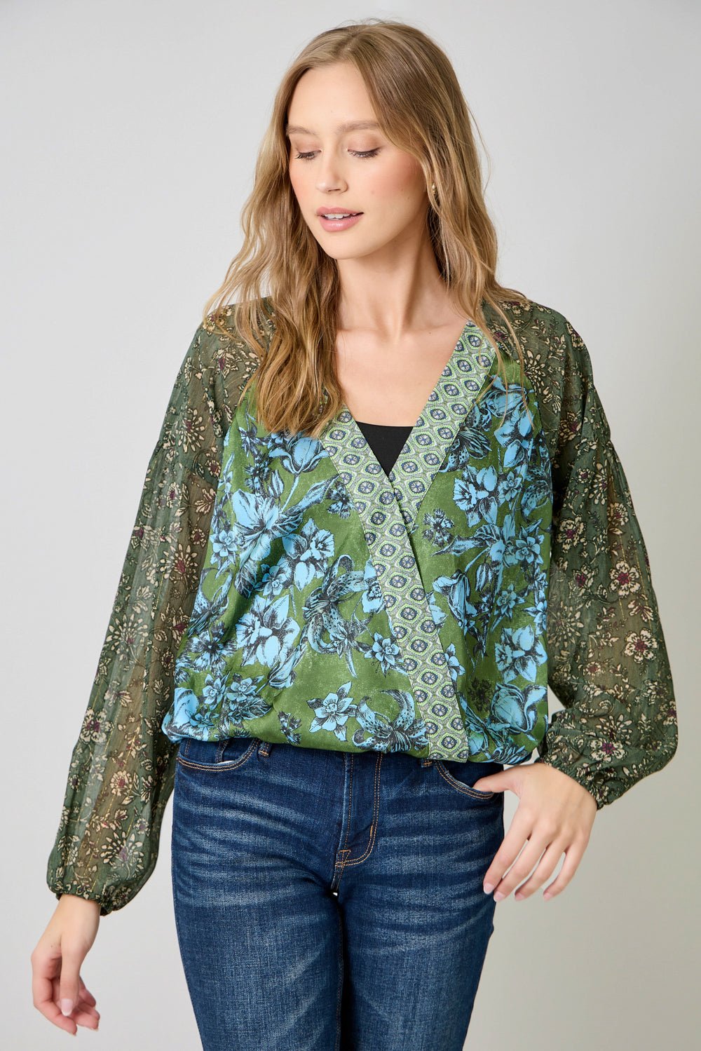Mixed Print Wrapped V Neck Blouse - Mainstream Boutique