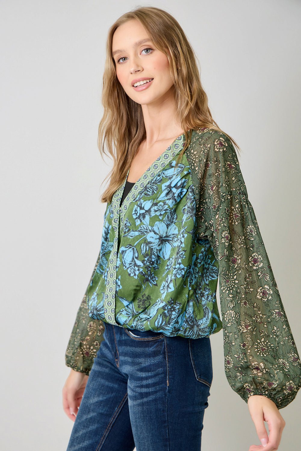 Mixed Print Wrapped V Neck Blouse - Mainstream Boutique