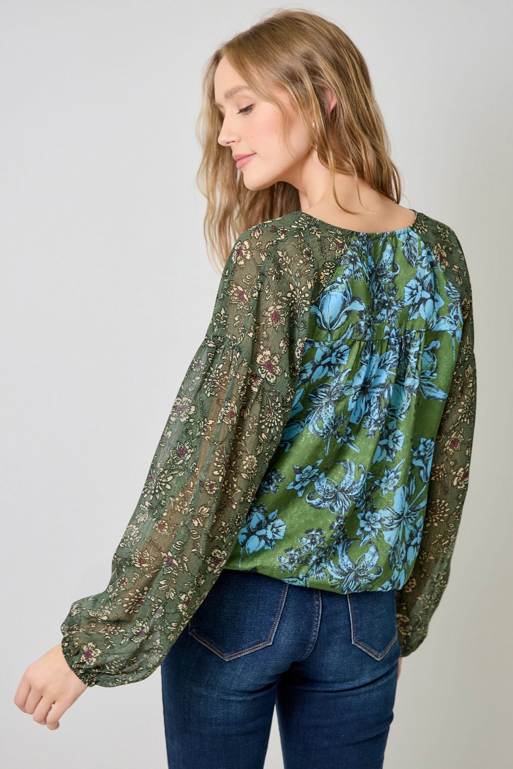 Mixed Print Wrapped V Neck Blouse - Mainstream Boutique