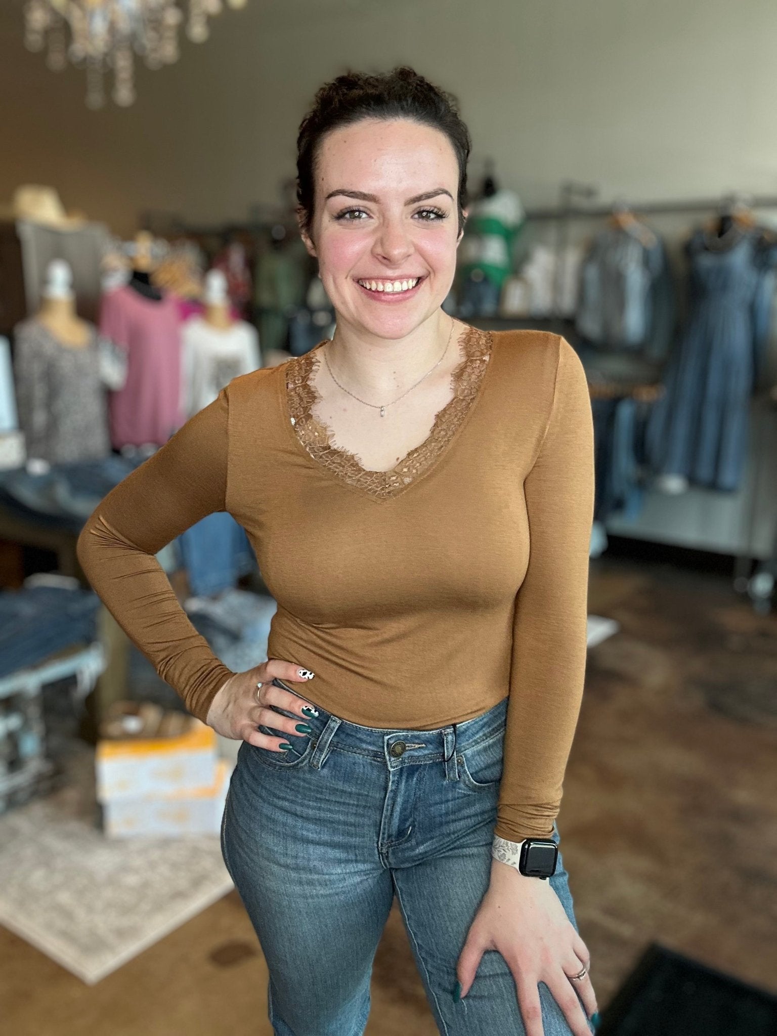 Long Sleeve Lace V - Neck Modal Top - Mainstream Boutique