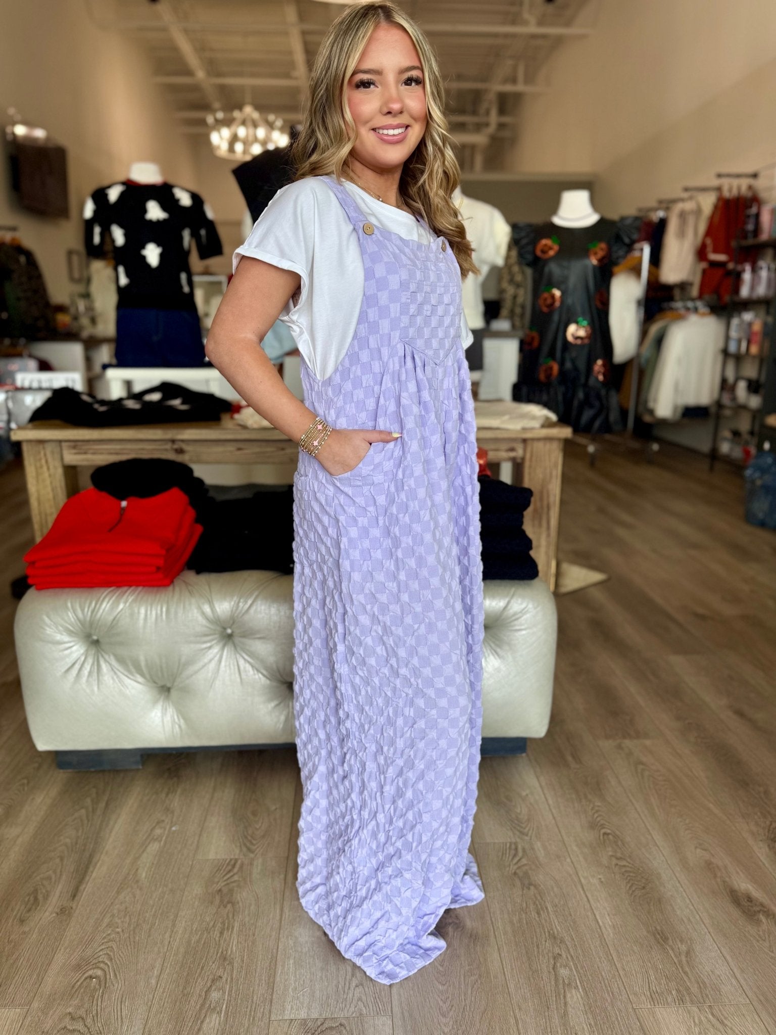 Checker Textured Wide Legs Overalls - Mainstream Boutique
