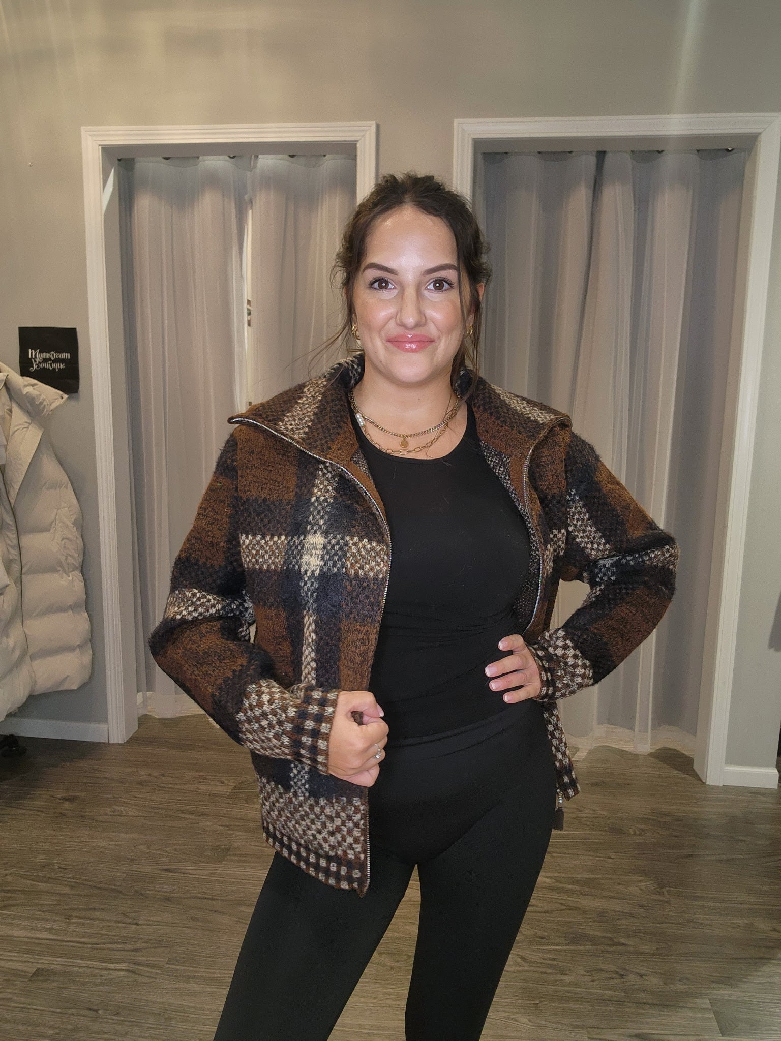Plaid Zipper Front Wide Collar Fuzzy Knit Sweater Jacket - Mainstream Boutique