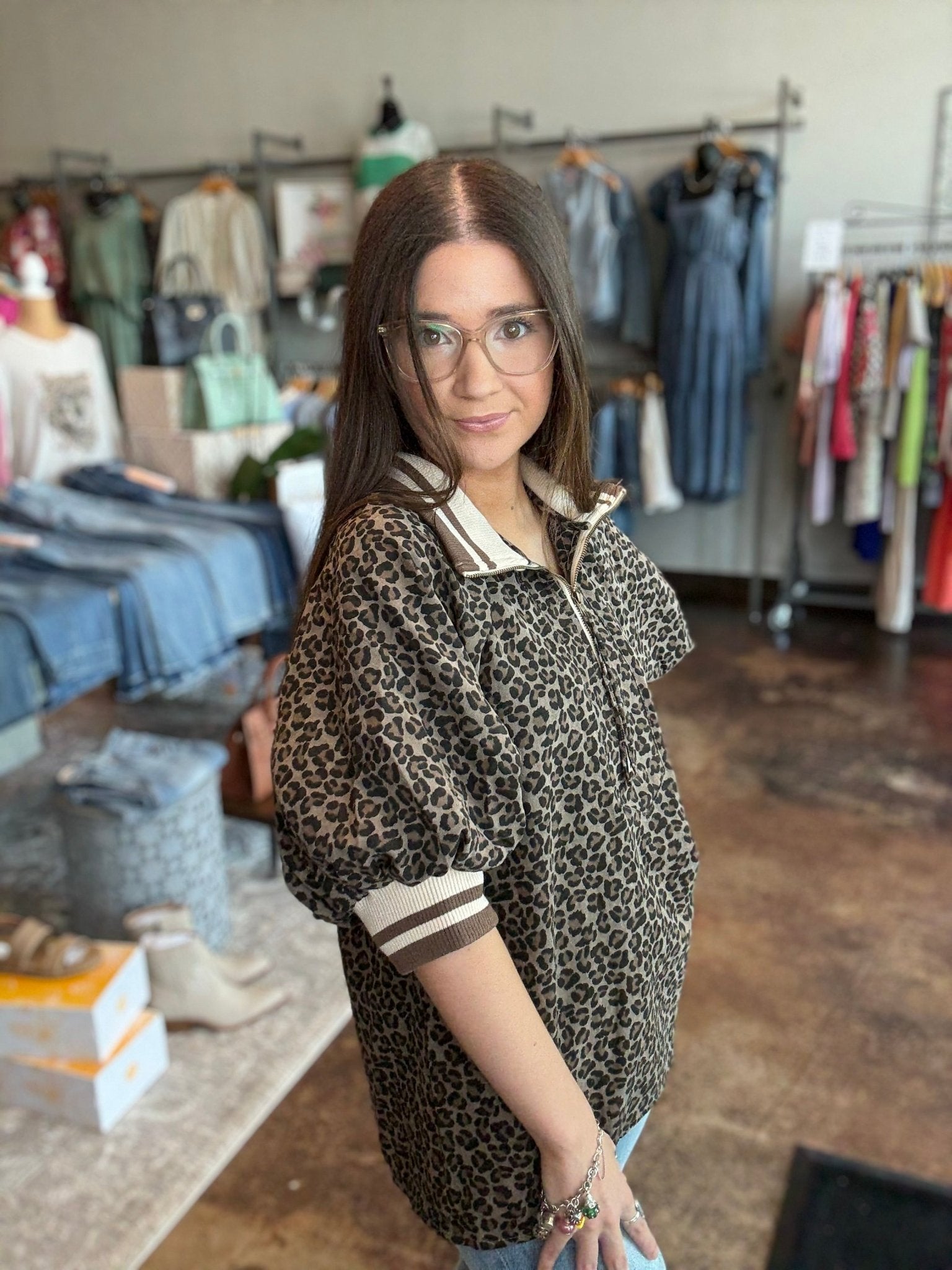 Leopard Half - Zip Puff Sleeve Top - Mainstream Boutique
