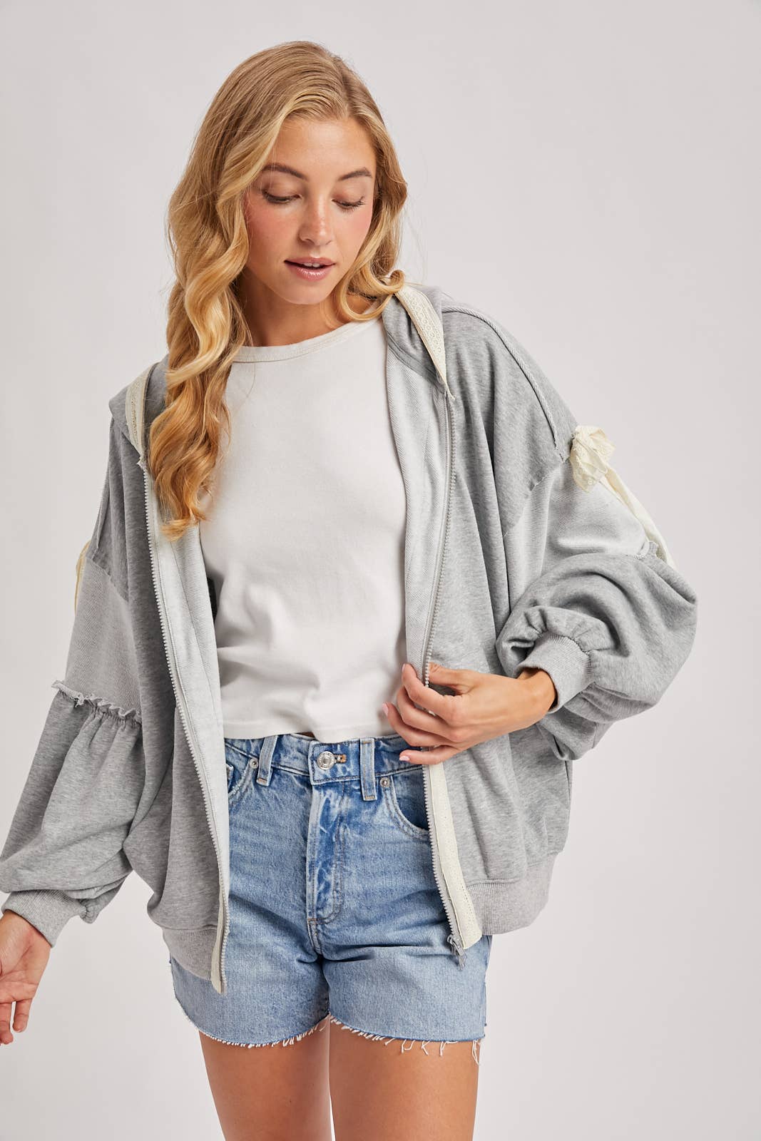 BALLOON SLEEVE LACE TRIMMED ZIPPER FRONT HOODIE OUTERWEAR - Mainstream Boutique