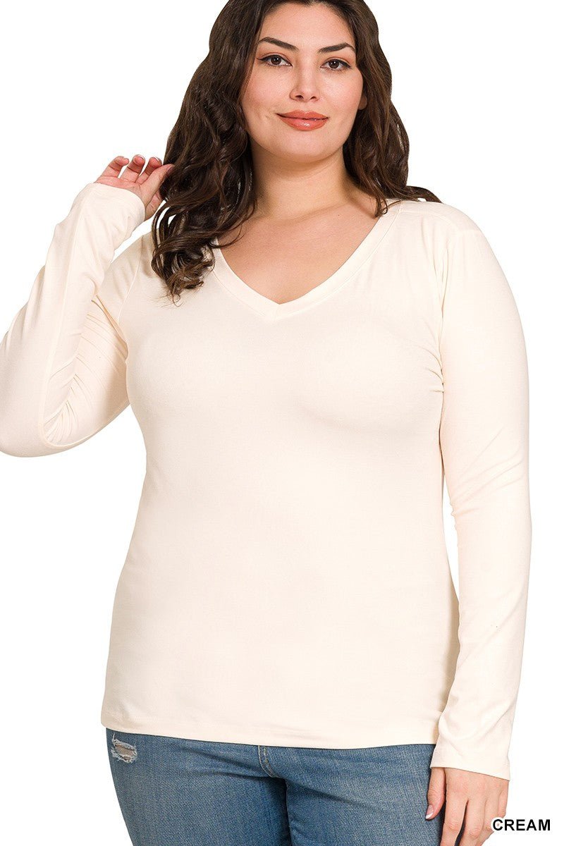 BRUSHED MICROFIBER LONG SLEEVE V - NECK TEE - Mainstream Boutique