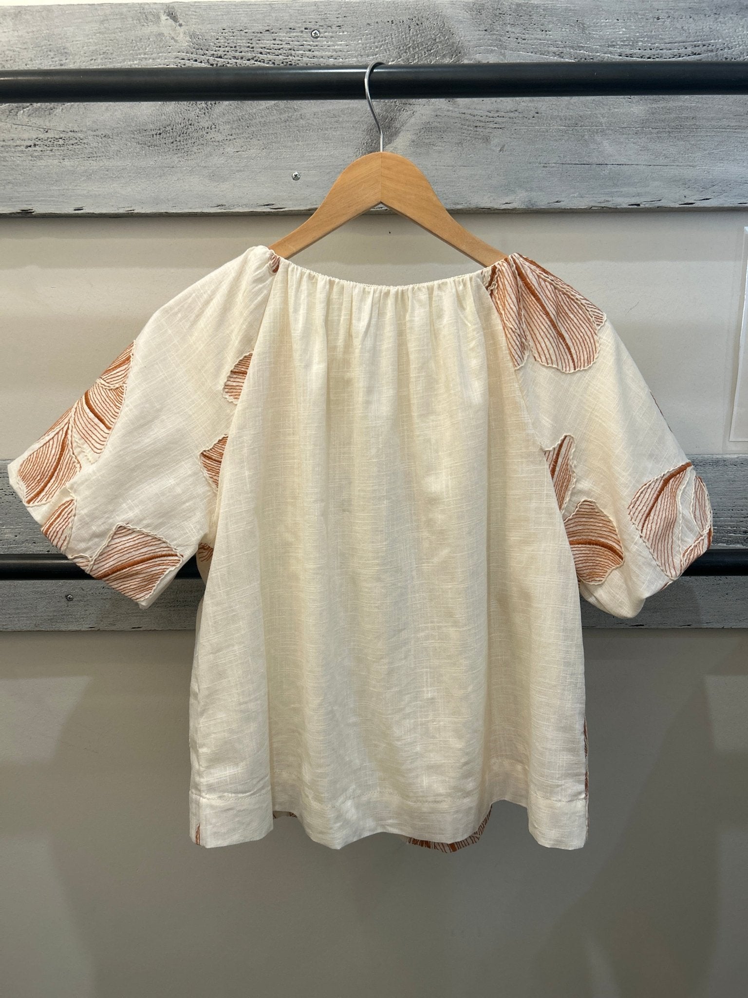 THML Puff Sleeve Floral Embroidery Detail Top - Tan/Cream - Mainstream Boutique