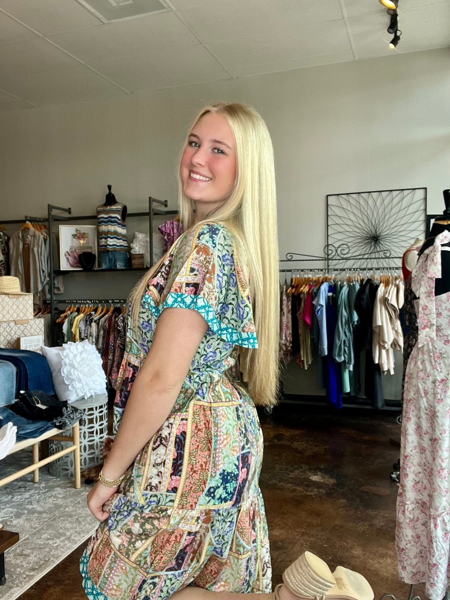 Mixed Print Dress With Flutter Sleeves - Mainstream Boutique