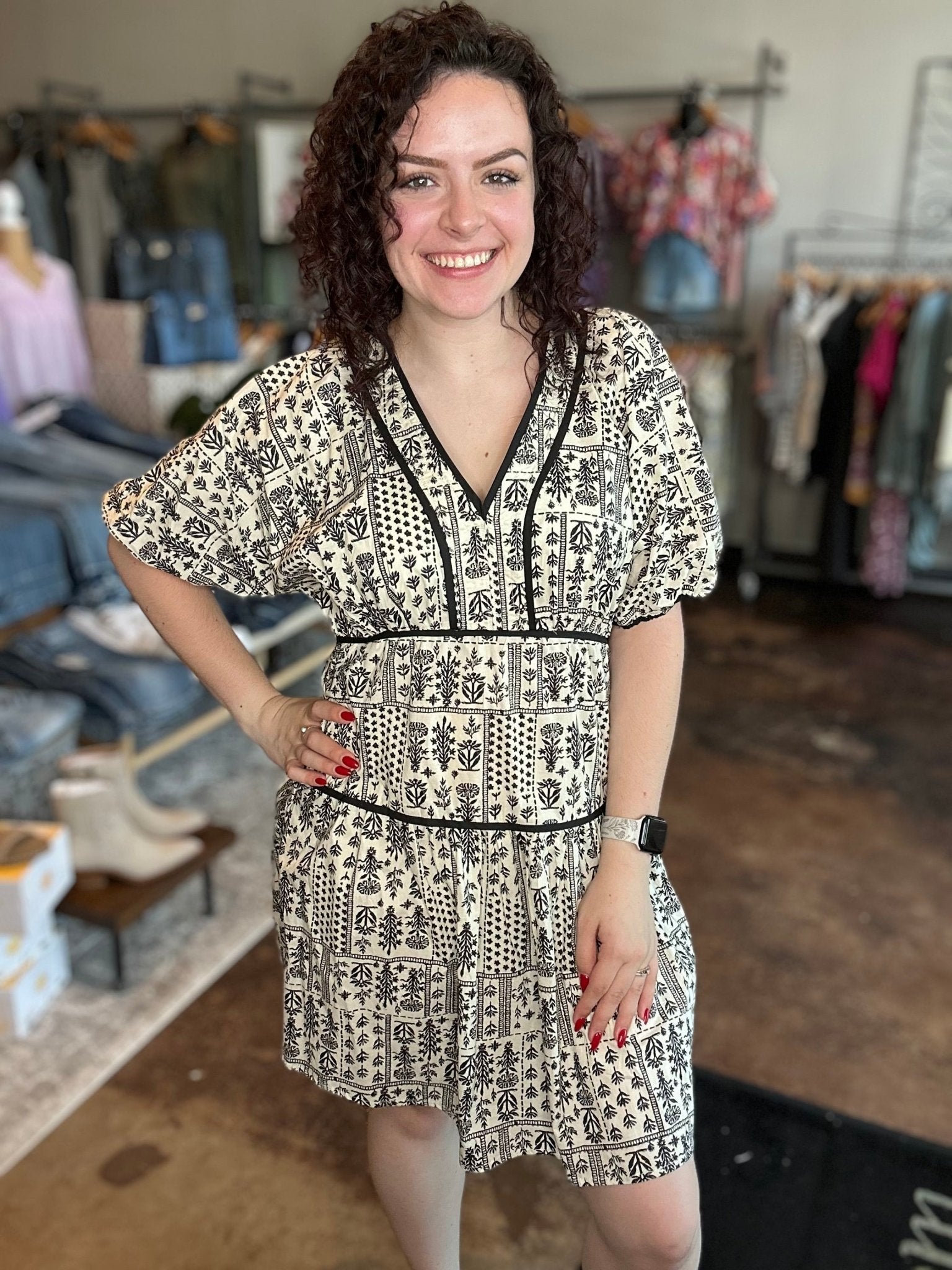 Puff Sleeve Piping Contrast Printed Poplin Dress - Mainstream Boutique