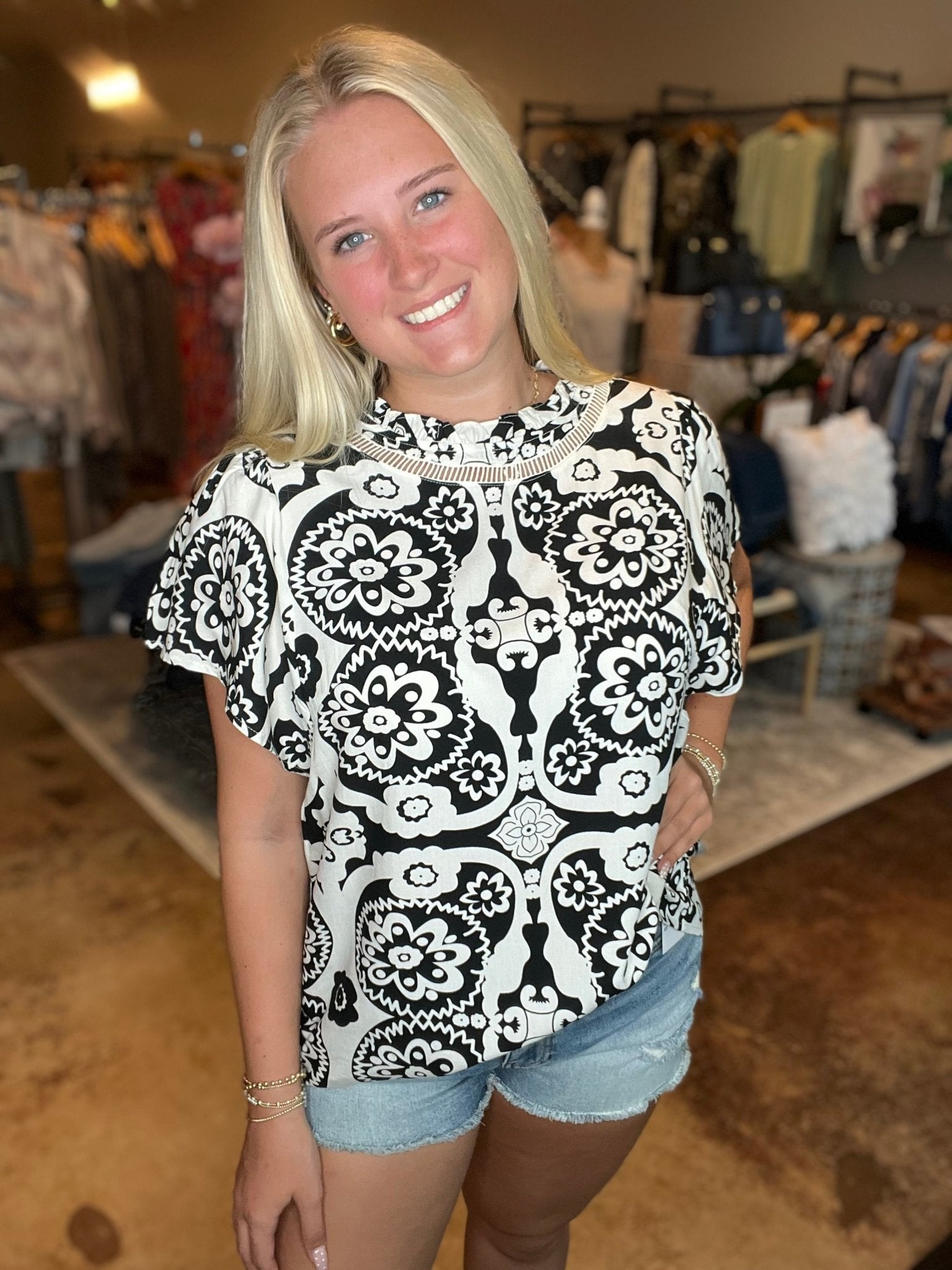 Medallion Print Blouse With Keyhole Back - Mainstream Boutique
