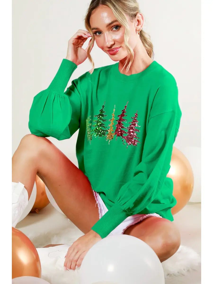 Christmas Tree Sequin Accent Knitted Sweater - Mainstream Boutique