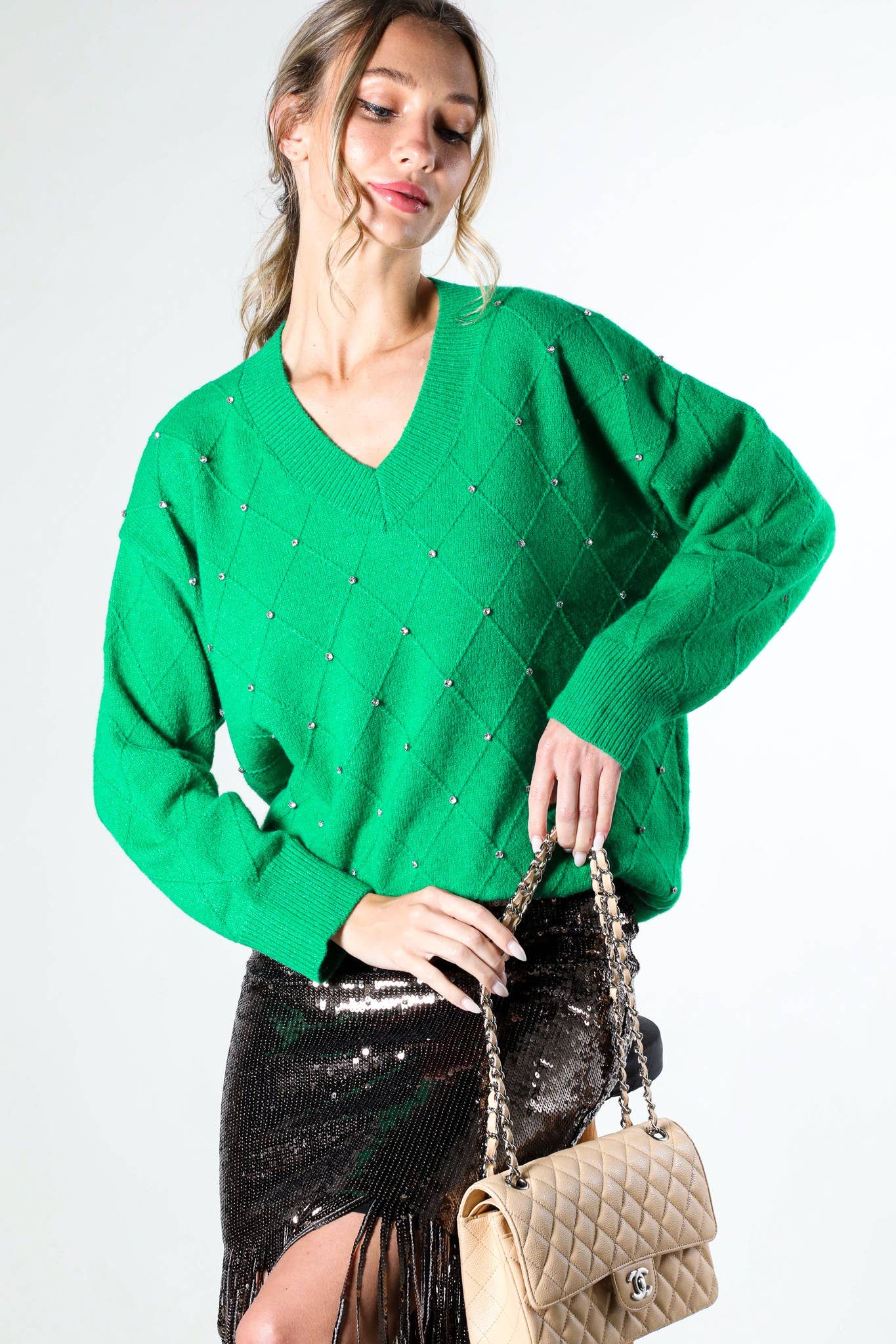V - Neck Rhinestone Accent Argyle Knitted Sweater Top VT81546 - Mainstream Boutique